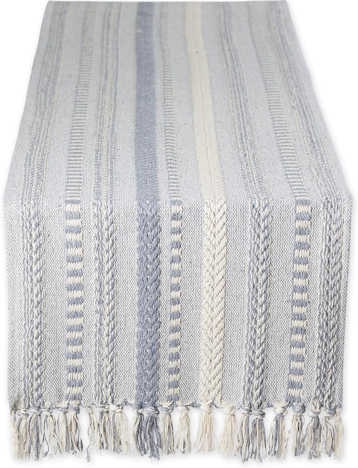 DII Farmhouse Braided Stripe Table Runner Collection, 15x108 (15x113, Fringe Included), French Blue