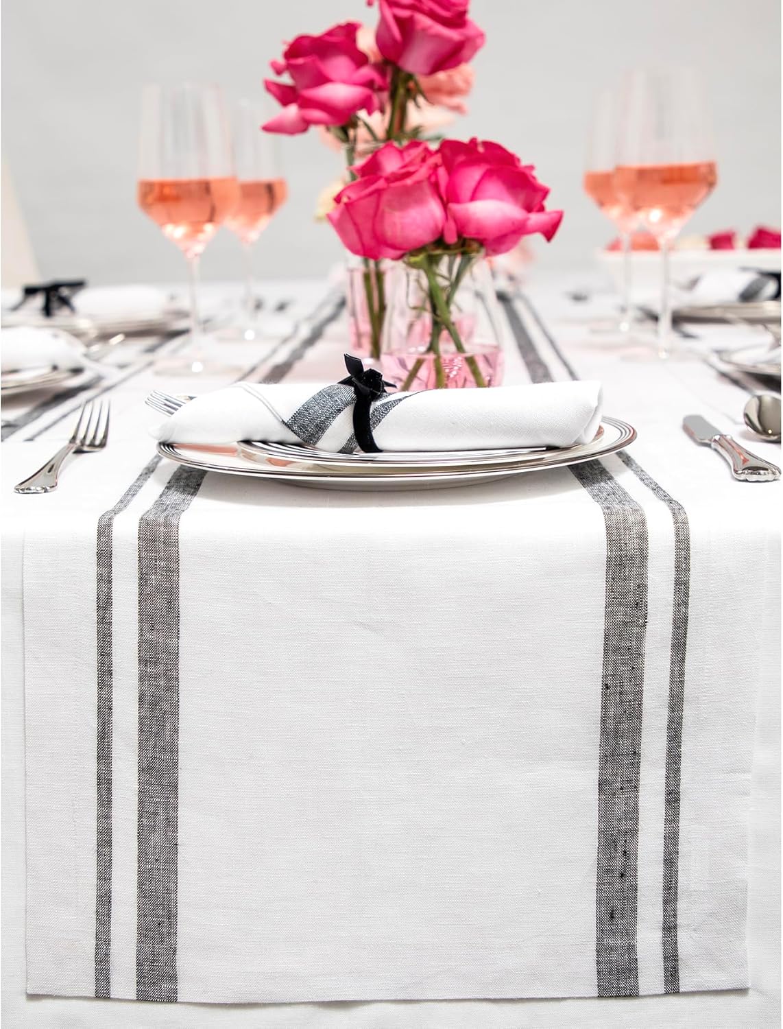 Solino Home Linen Table Runner 48 Inches - French Stripe, 100% Pure Linen Black and Natural Farmhouse Table Runner 14 x 48 Inch Ideal for Dresser and Coffee Tables - Spring, Easter