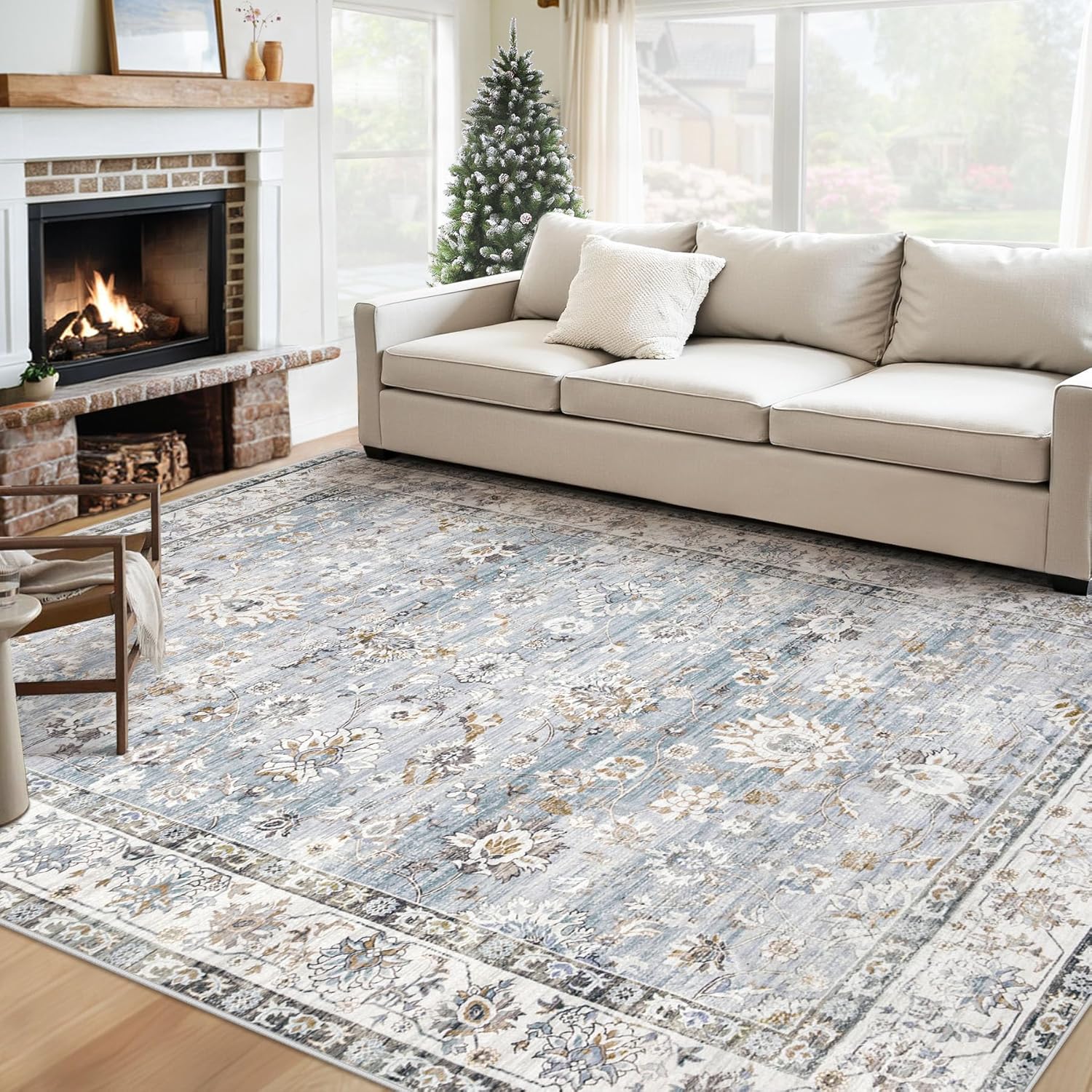 XLUEZ Area Rug 9x12 Living Room Rug, Machine Washable Vintage Distressed Medallion Rug Non-Slip Soft Low Pile Large Indoor Rugs for Bedroom Kitchen Dining Room Office(Beige,9'x12')