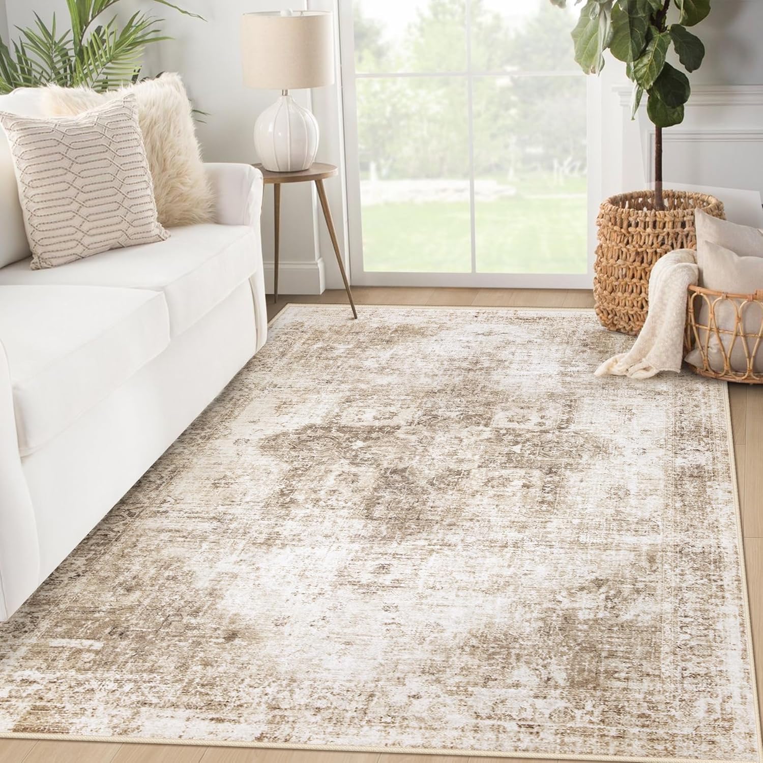 Area Rug 8x10 Washable Rug, Vintage Boho Medallion Rugs Non-Slip Soft Low Pile Large Distressed Rug Indoor Retro Carpet for Living Room Bedroom Dining Room Home Office (Beige, 8'x10')