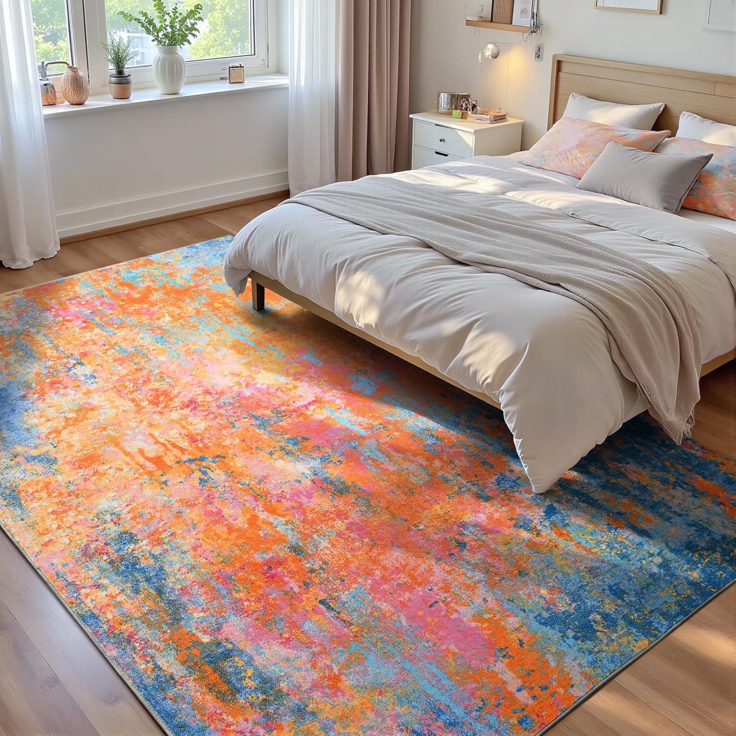 Living Room Rug 8x10 Gray Area Rugs Machine Washable Abstract Boho Large Rug Non-Slip Non-Shedding Faux Wool Indoor Vintage Carpet for Bedroom, Classroom, Dining Room, Kids Playroom