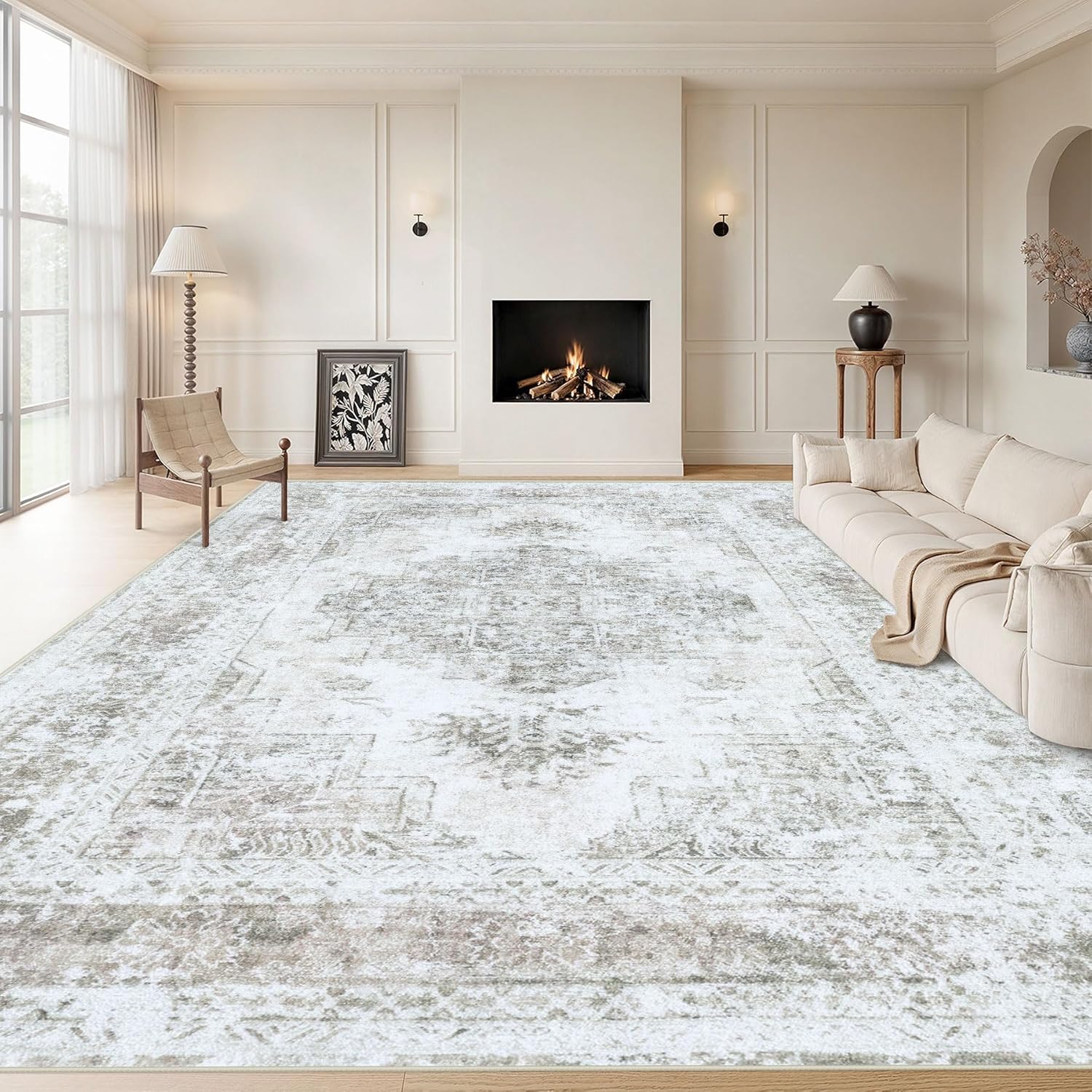 XLUEZ Area Rug 9x12 Living Room Rug, Machine Washable Vintage Distressed Medallion Rug Non-Slip Soft Low Pile Large Indoor Rugs for Bedroom Kitchen Dining Room Office(Beige,9'x12')