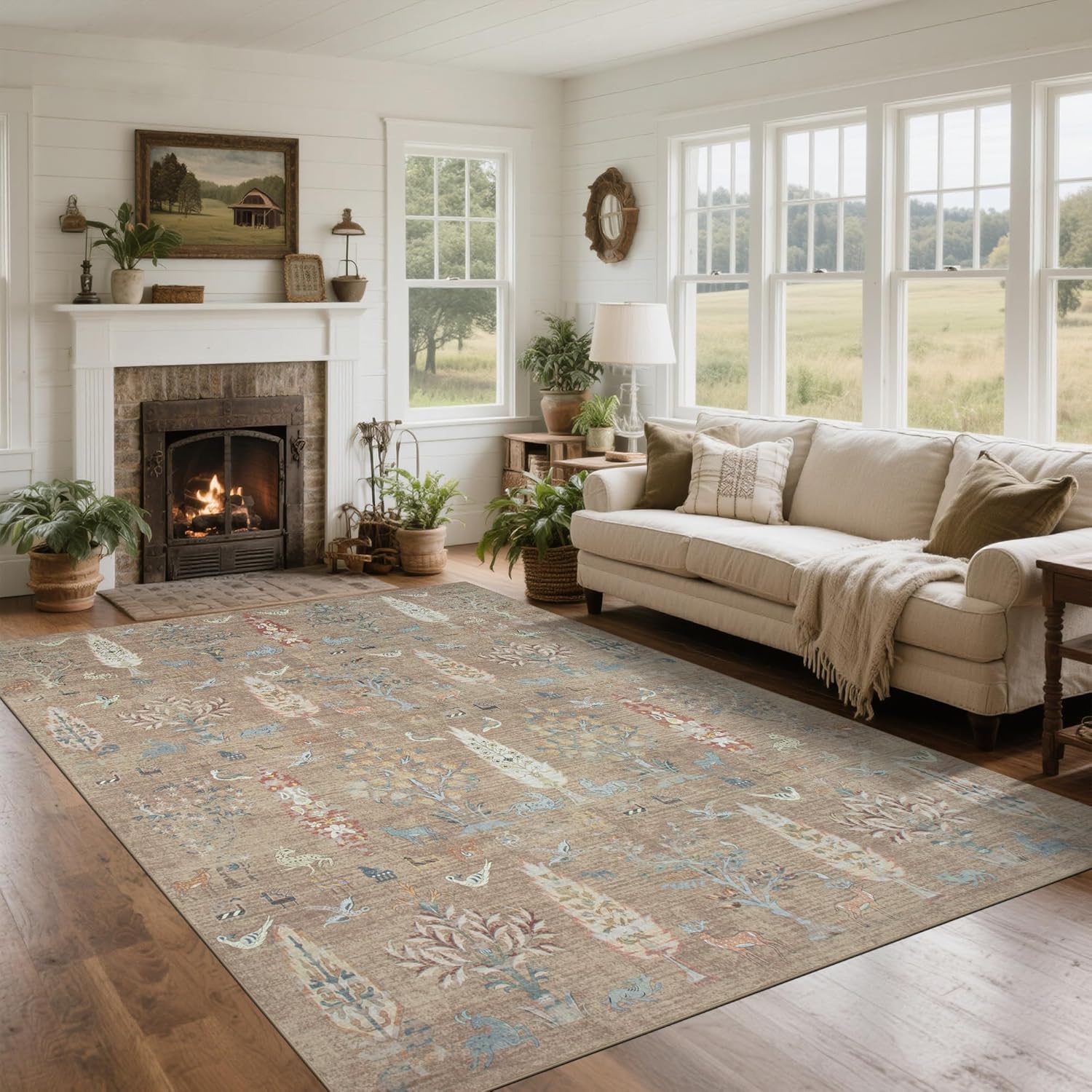 Srugn Washable Rugs 8x10 Area Rugs for Living Room,Ultra Soft Faux Wool Retro Rugs for Bedroom,Dining Room,Non Slip&Non-Shedding Low Pile Vintage Print Rug Indoor Large Carpets for Home Office Decor