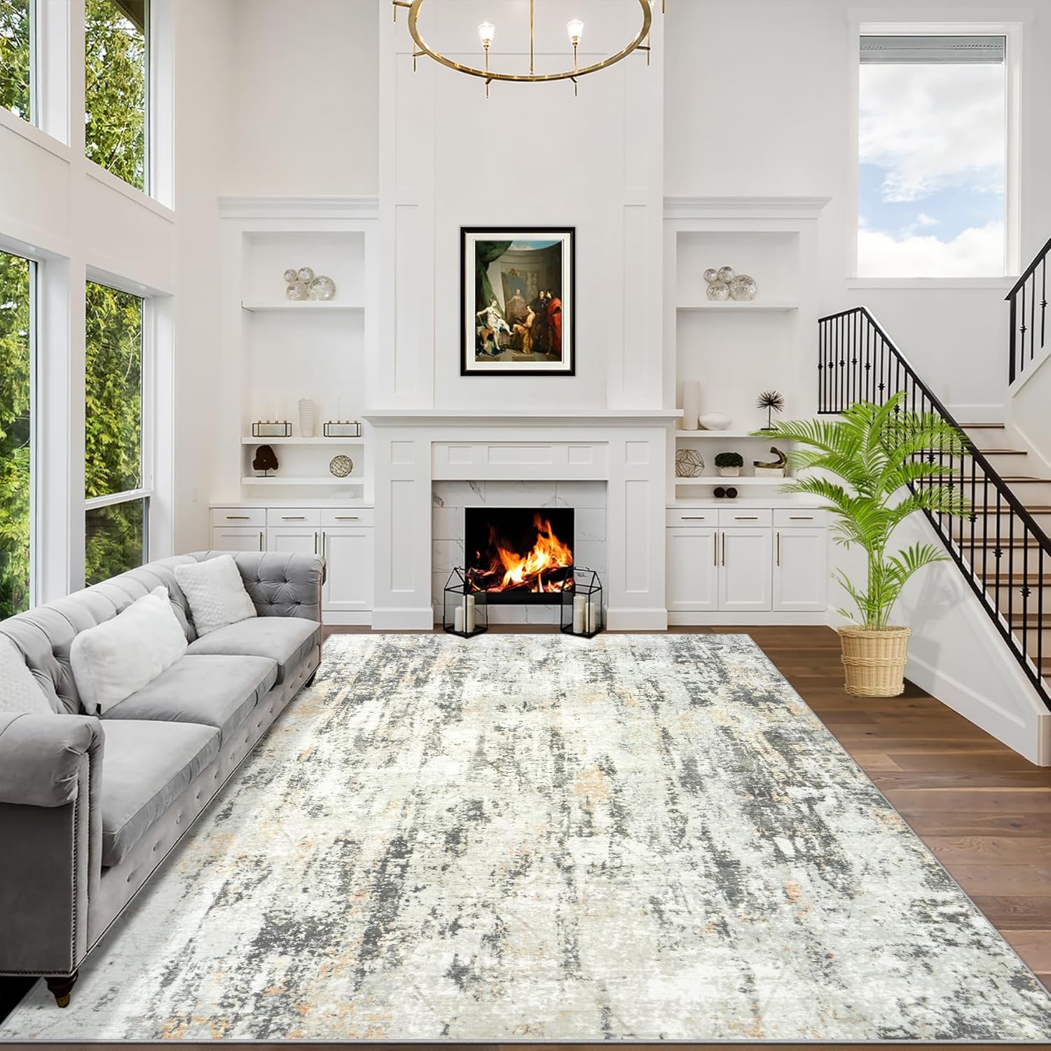 8x10 Area Rugs Washable Rug: Large Modern Abstract Living Room Rug Soft Anti-Skid Thin Carpet Indoor Floor Non-Shedding Carpets for Bedroom Dining Farmhouse Nursery Home Office Black Grey Gold