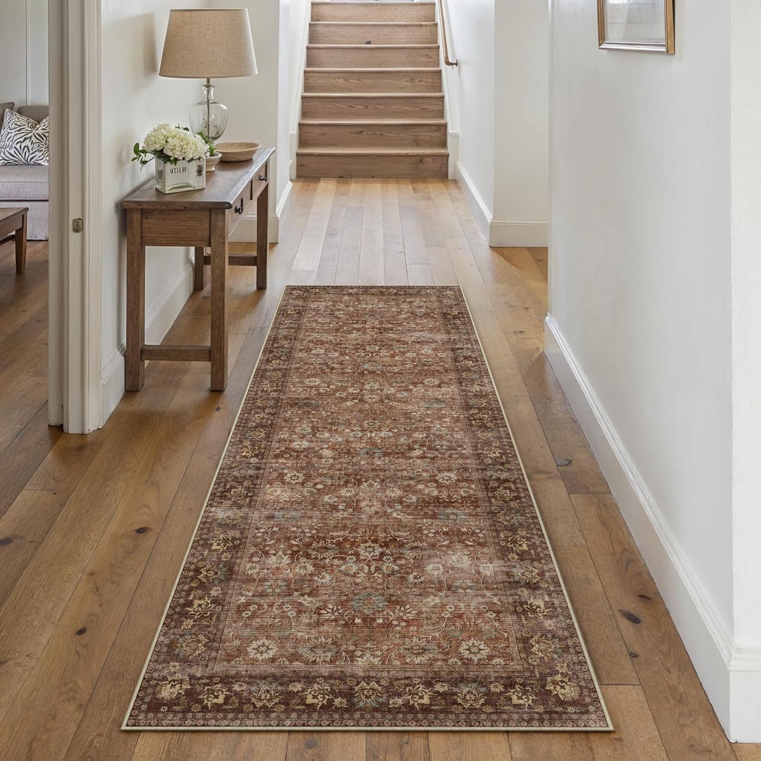 HUGEAR 8x10 Machine Washable Rugs Brown Hallway Large Area Rug Indoor Accent Rug Floral Low Pile Carpet Soft Throw Aesthetic Rug Bedroom Living Room Office Dining Room Kitchen Laundry Room