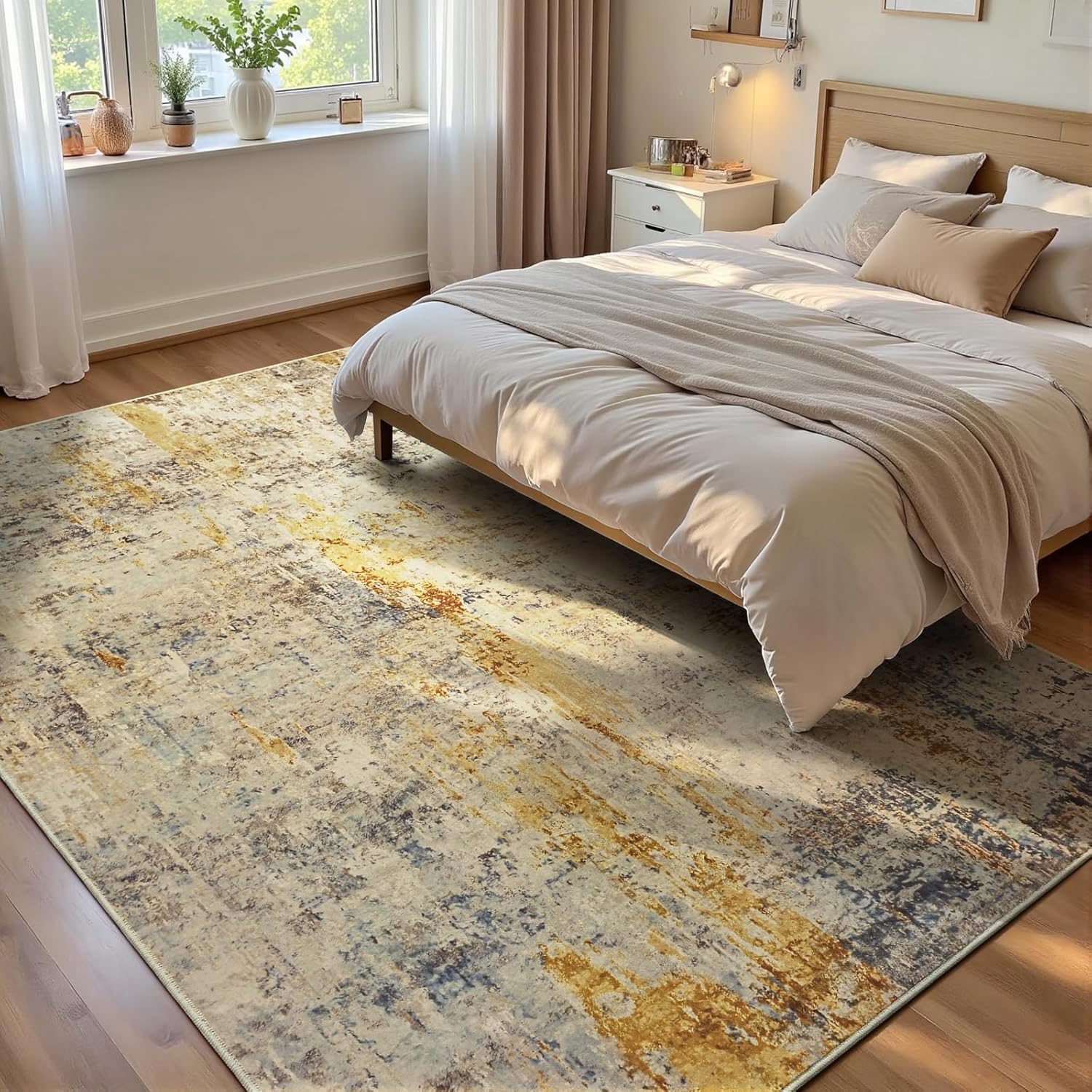 Living Room Rug 8x10 Gray Area Rugs Machine Washable Abstract Boho Large Rug Non-Slip Non-Shedding Faux Wool Indoor Vintage Carpet for Bedroom, Classroom, Dining Room, Kids Playroom