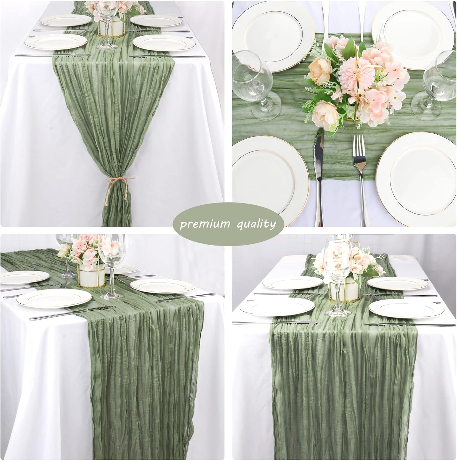 12 Pack 10Ft Cheesecloth Table Runner 35x120 Inch Boho Gauze Table Runner Cheese Cloth Long Romantic Table Runners for Wedding Bridal Shower Birthday Party Table Decor (Dusty Sage Green)