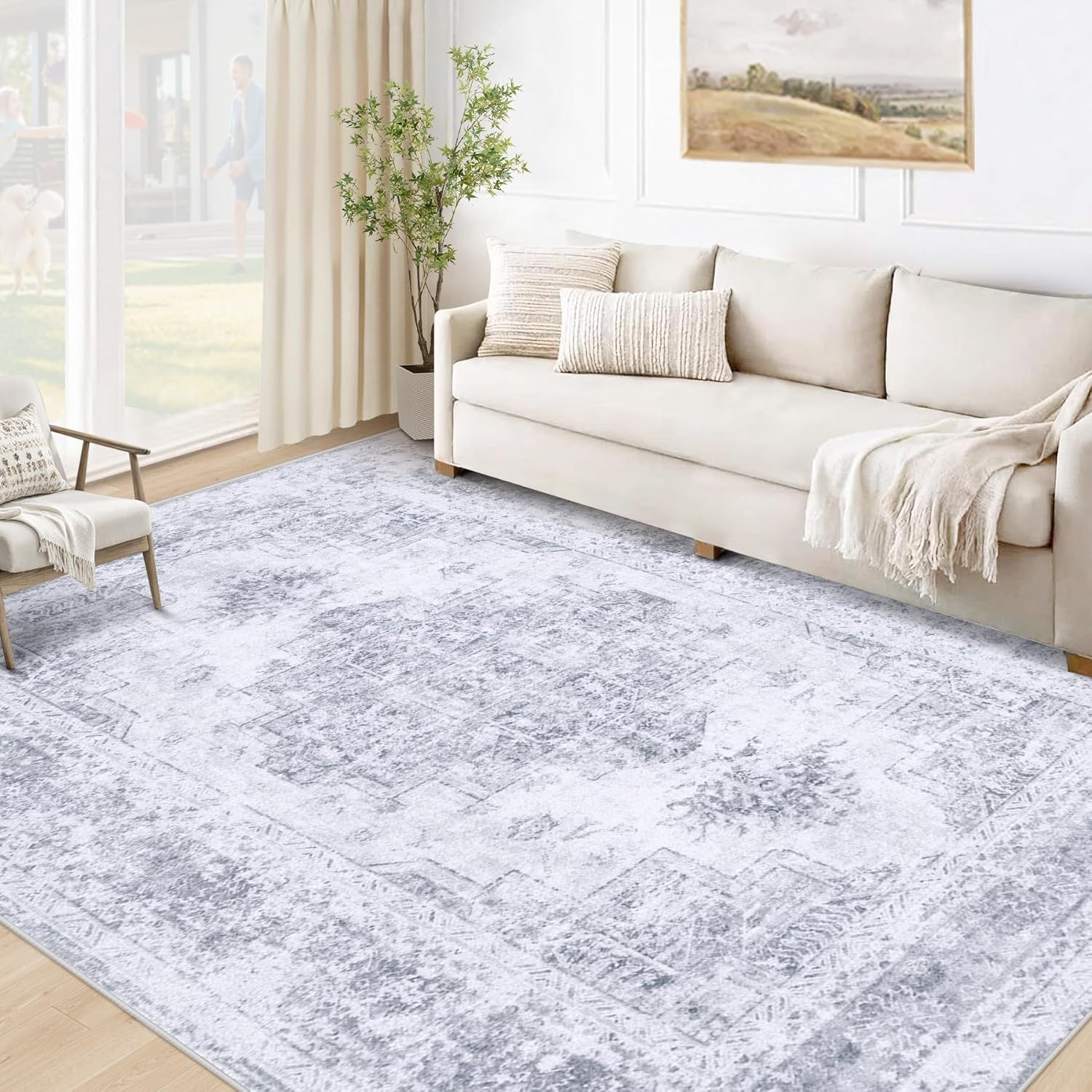 XLUEZ Area Rug 9x12 Living Room Rug, Machine Washable Vintage Distressed Medallion Rug Non-Slip Soft Low Pile Large Indoor Rugs for Bedroom Kitchen Dining Room Office(Beige,9'x12')