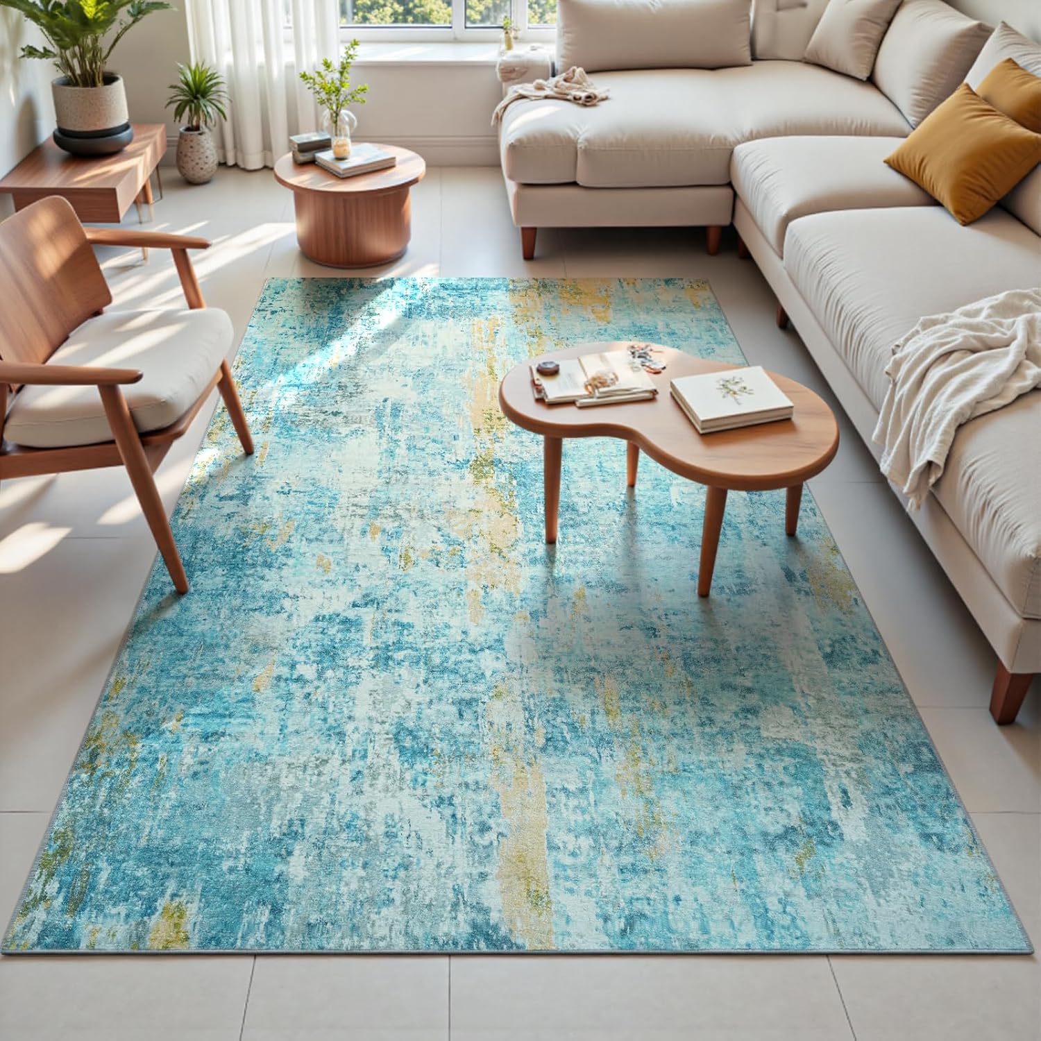 Living Room Rug 8x10 Gray Area Rugs Machine Washable Abstract Boho Large Rug Non-Slip Non-Shedding Faux Wool Indoor Vintage Carpet for Bedroom, Classroom, Dining Room, Kids Playroom