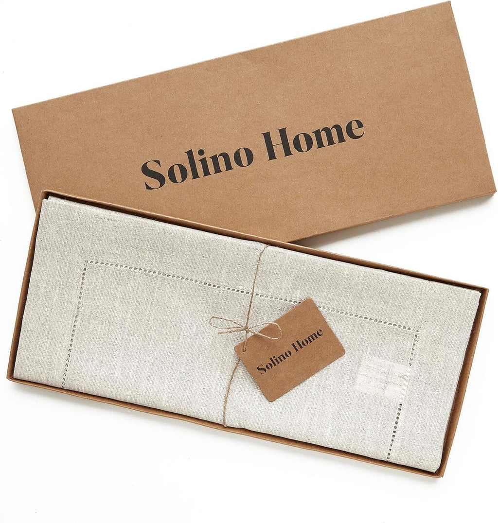 Solino Home Linen Hemstitch Table Runner 120 Inches Long - 100% Pure Linen Light Natural Table Runner 14 x 120 Inch for Spring, Easter - Classic Hemstitch