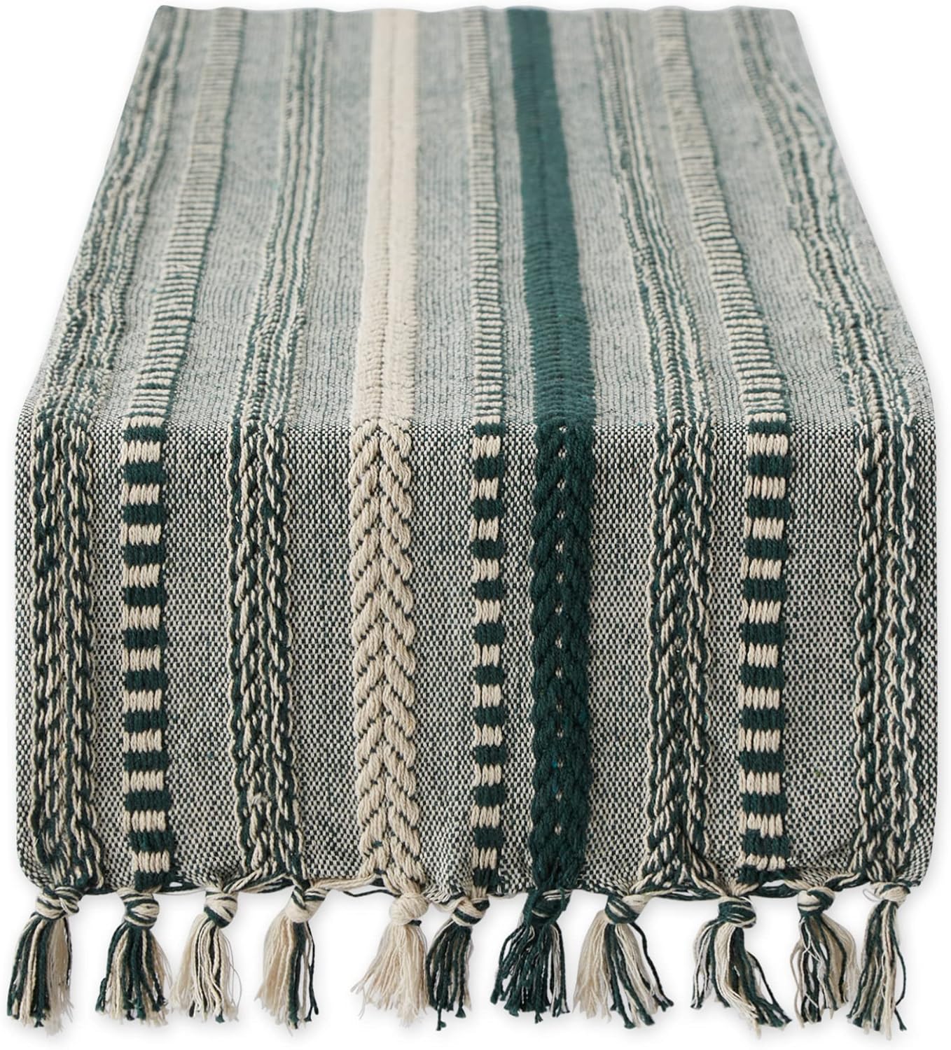 DII Farmhouse Braided Stripe Table Runner Collection, 15x108 (15x113, Fringe Included), French Blue