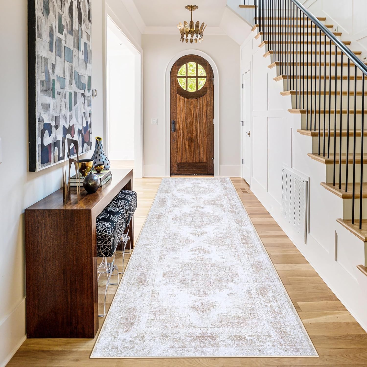 XLUEZ Area Rug 9x12 Living Room Rug, Machine Washable Vintage Distressed Medallion Rug Non-Slip Soft Low Pile Large Indoor Rugs for Bedroom Kitchen Dining Room Office(Beige,9'x12')