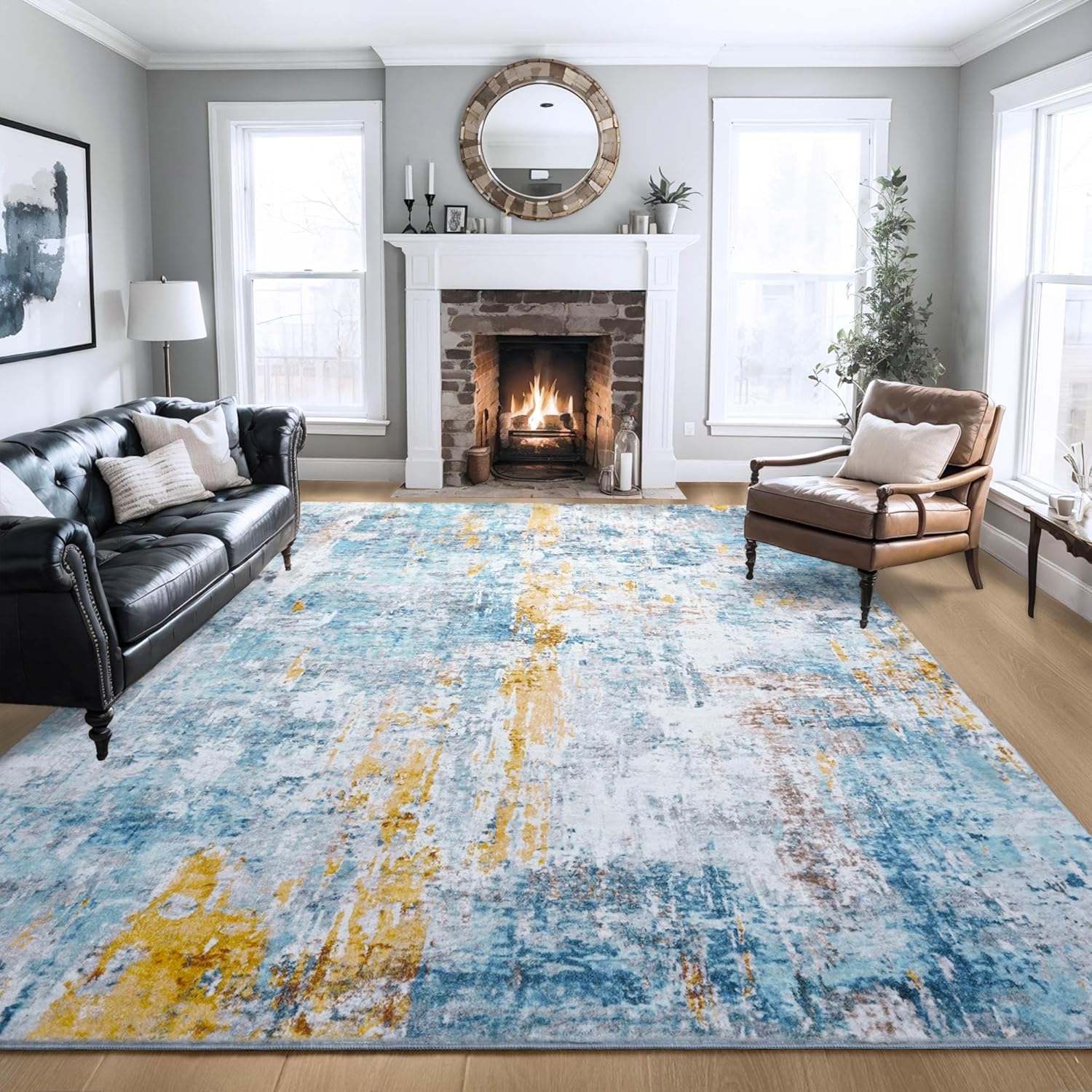 Living Room Rug 8x10 Gray Area Rugs Machine Washable Abstract Boho Large Rug Non-Slip Non-Shedding Faux Wool Indoor Vintage Carpet for Bedroom, Classroom, Dining Room, Kids Playroom