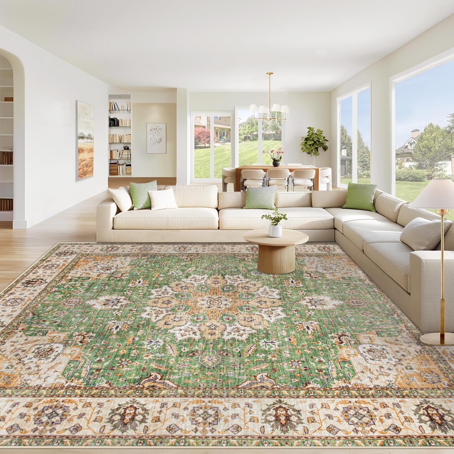 Area Rug 8x10 Washable Rug, Vintage Boho Medallion Rugs Non-Slip Soft Low Pile Large Distressed Rug Indoor Retro Carpet for Living Room Bedroom Dining Room Home Office (Beige, 8'x10')