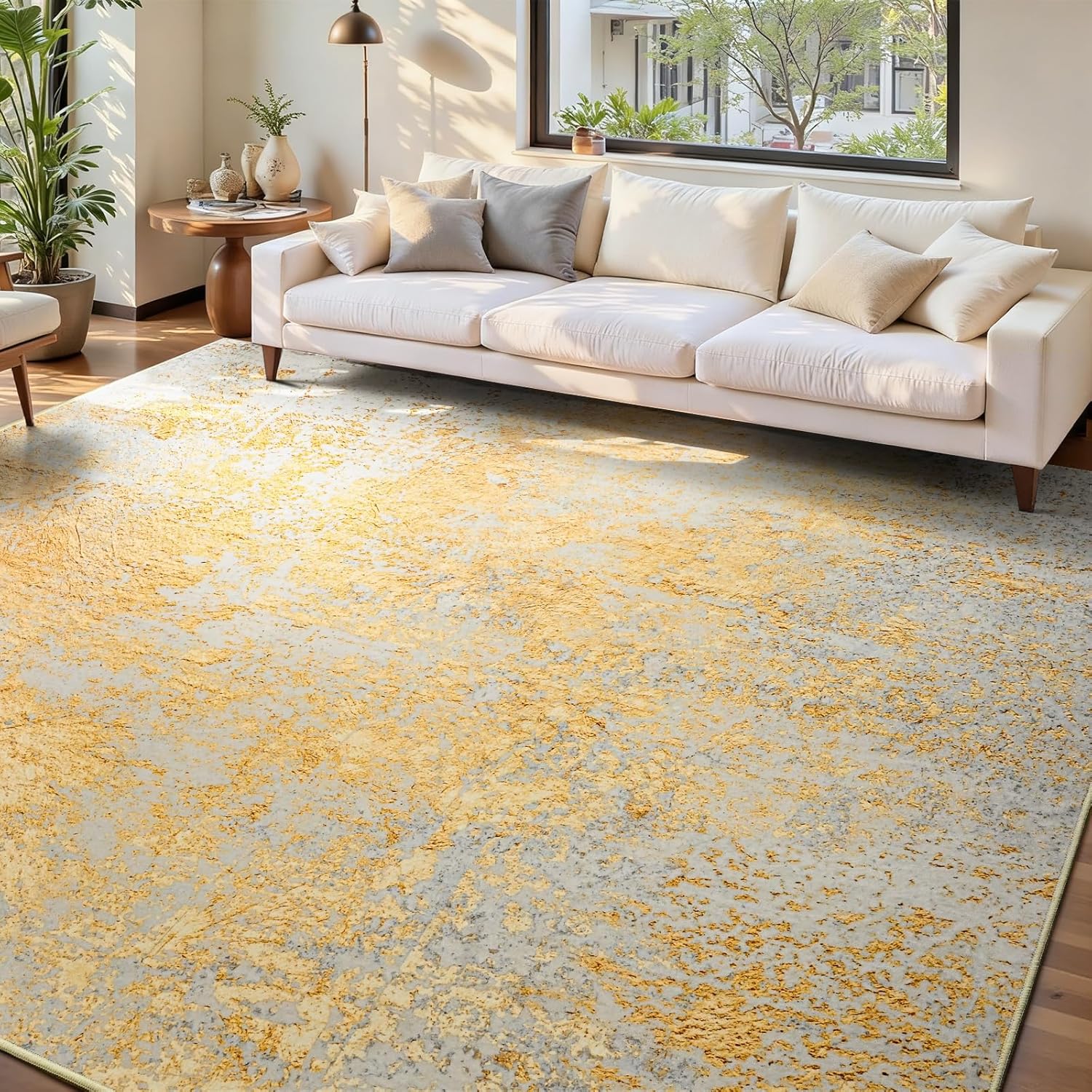 Living Room Rug 8x10 Gray Area Rugs Machine Washable Abstract Boho Large Rug Non-Slip Non-Shedding Faux Wool Indoor Vintage Carpet for Bedroom, Classroom, Dining Room, Kids Playroom