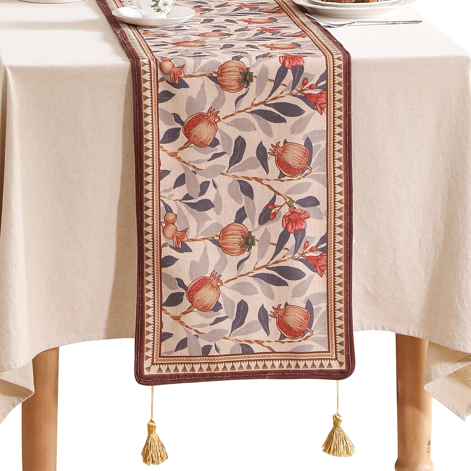 patdrea Designer Blue Cottage Rustic Floral Patterned Linen Table Runner 102 Inch Long,Wrinkle Resistant Table Mat,Decoration for Kitchen Dining and Coffee Tables Banquet Christmas ,12"x102"