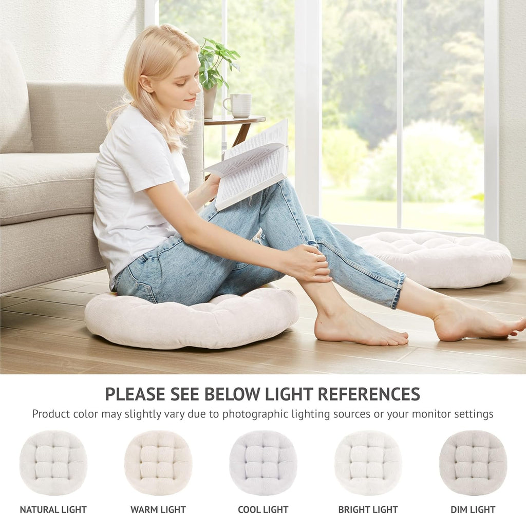 Meditation Floor Pillow Set of 2, Round Large Pillows Seating for Adults, Tufted Corduroy Cushion for Living Room Tatami, Beige 22 Inch