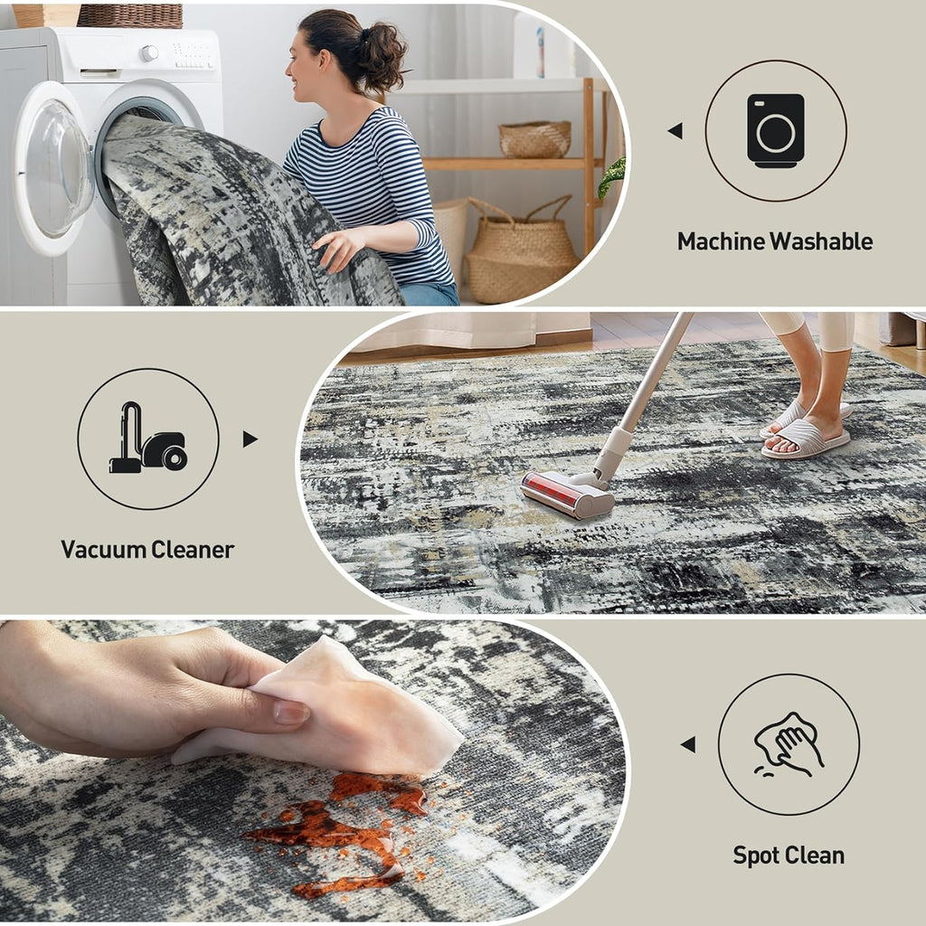 8x10 Area Rugs Washable Rug: Large Modern Abstract Living Room Rug Soft Anti-Skid Thin Carpet Indoor Floor Non-Shedding Carpets for Bedroom Dining Farmhouse Nursery Home Office Black Grey Gold