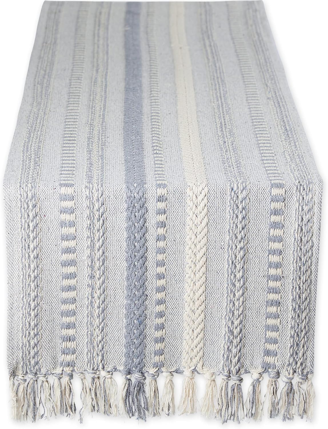 DII Farmhouse Braided Stripe Table Runner Collection, 15x108 (15x113, Fringe Included), French Blue