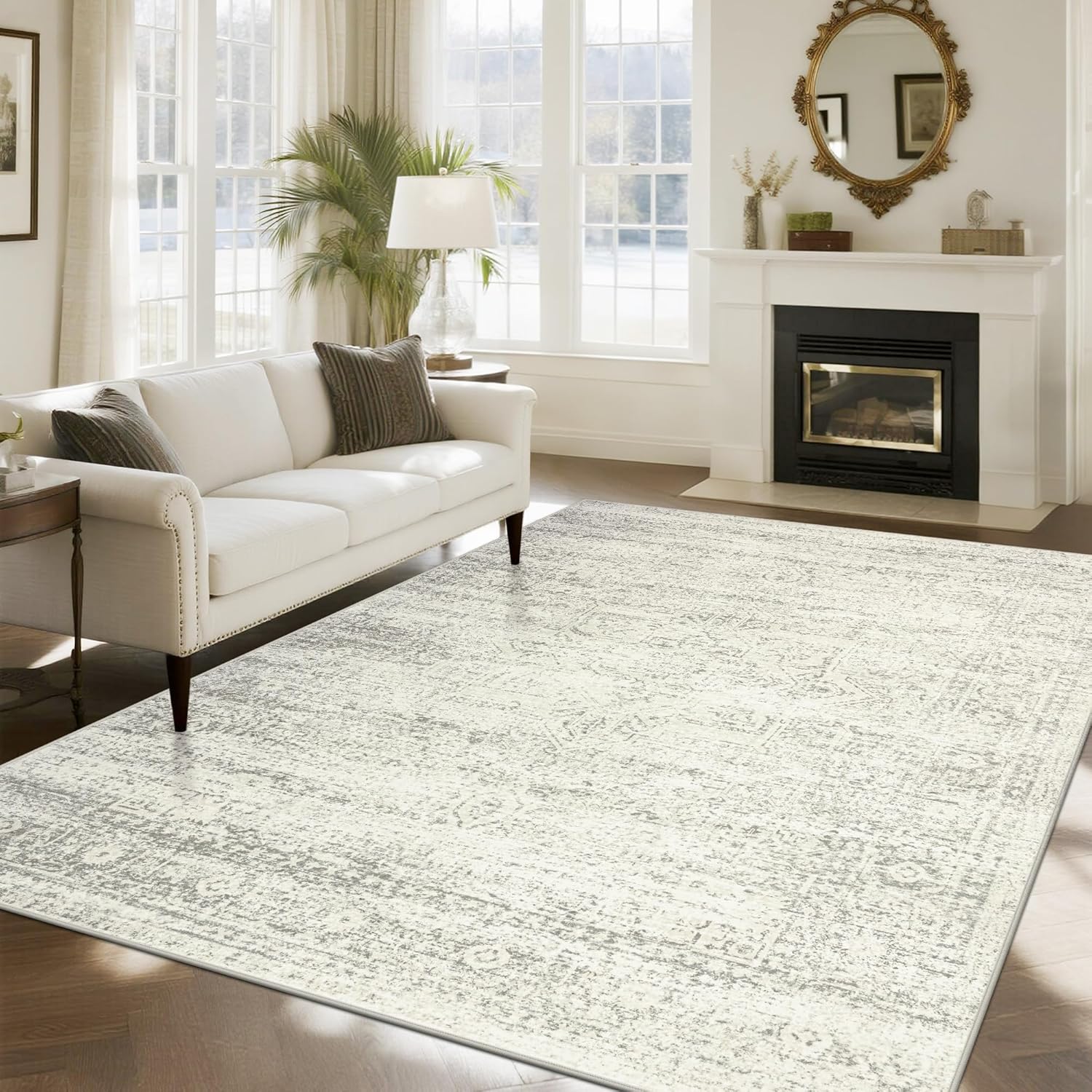 Srugn Washable Rugs 8x10 Area Rugs for Living Room,Ultra Soft Faux Wool Retro Rugs for Bedroom,Dining Room,Non Slip&Non-Shedding Low Pile Vintage Print Rug Indoor Large Carpets for Home Office Decor