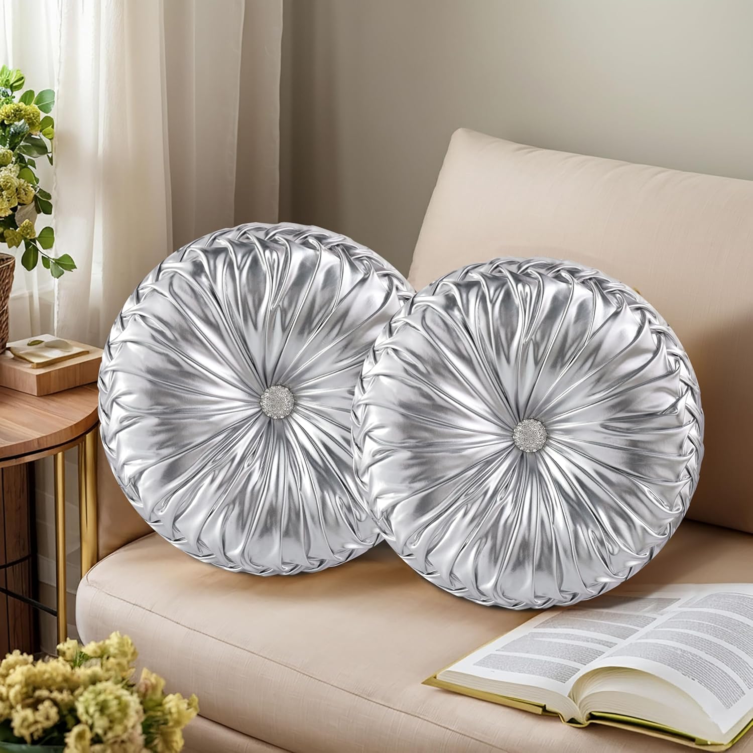 HIG Set of 2 Decorative Round Pleated Throw Pillows, Classy Accent Pumpkin Throw Pillows with Center Button, Vintage Velvet Floor Pillows for Sofa Couch Vanity Chair Bed, Olive, 14.5" Diameter(Ripple)