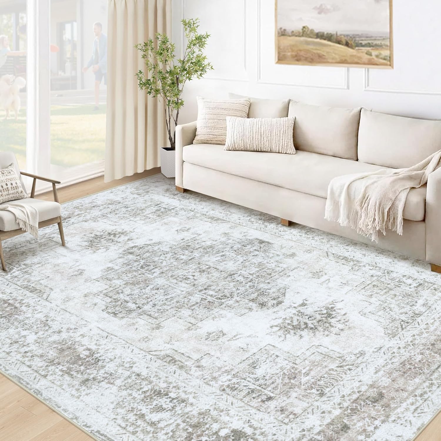 XLUEZ Area Rug 9x12 Living Room Rug, Machine Washable Vintage Distressed Medallion Rug Non-Slip Soft Low Pile Large Indoor Rugs for Bedroom Kitchen Dining Room Office(Beige,9'x12')