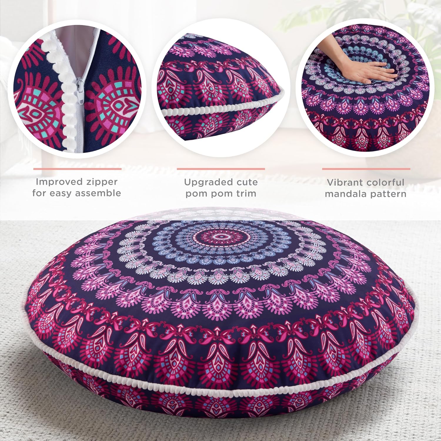 Codi Meditation Floor Pillow Set of 2, Round Large Pillows Seating for Adults, Bohemian Mandala Circle Cushion for Outdoor Fireplace Yoga Living Room, 32 Inch, Memory Foam Added, Purple Orchid New