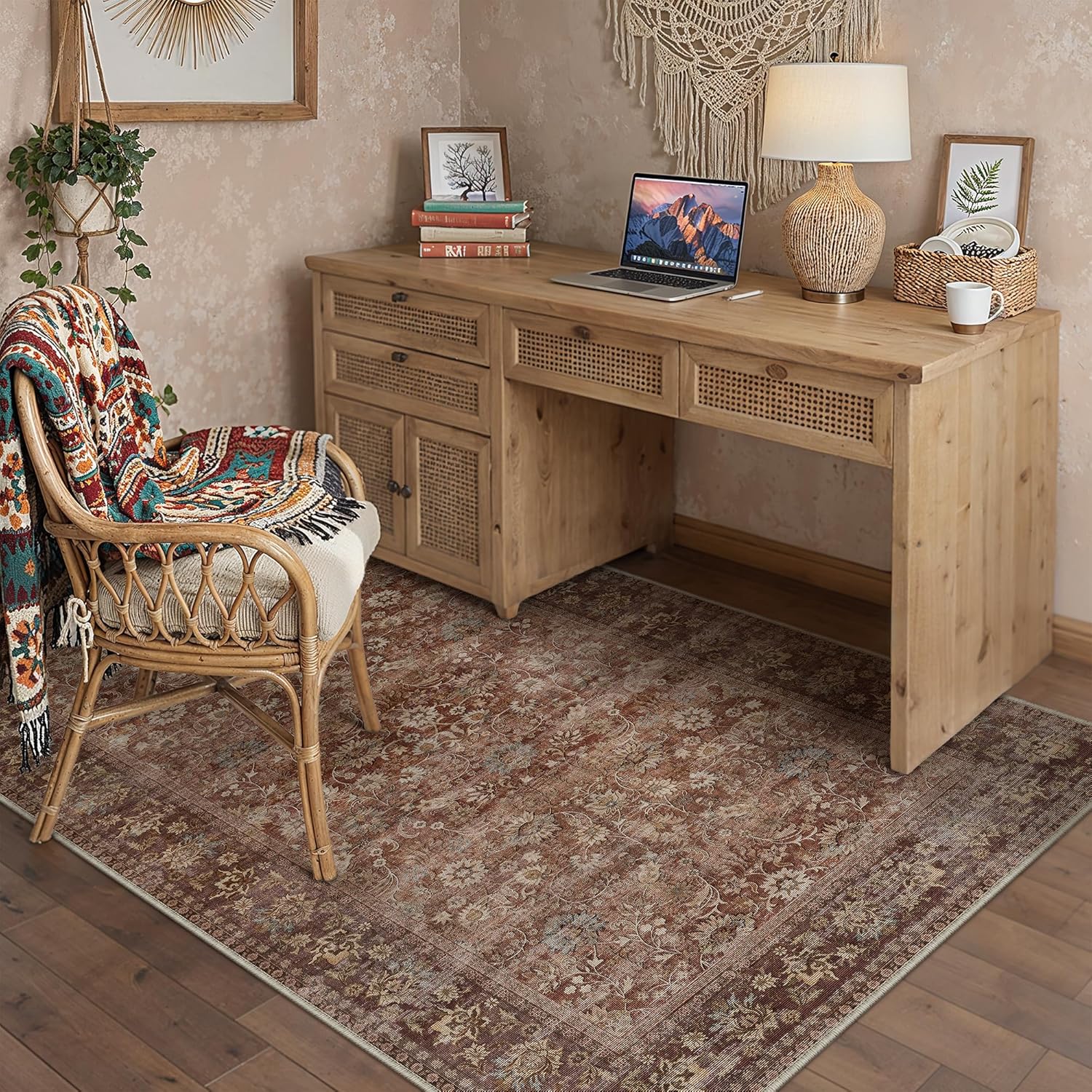 HUGEAR 8x10 Machine Washable Rugs Brown Hallway Large Area Rug Indoor Accent Rug Floral Low Pile Carpet Soft Throw Aesthetic Rug Bedroom Living Room Office Dining Room Kitchen Laundry Room