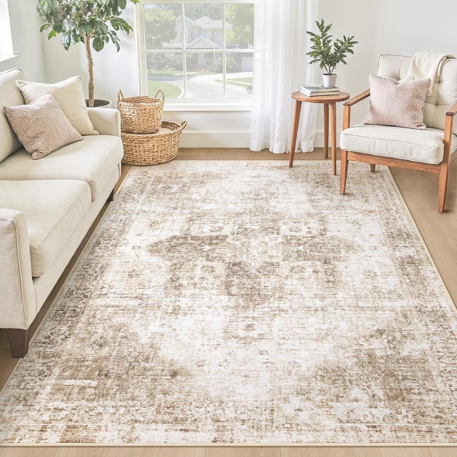 Area Rug 8x10 Washable Rug, Vintage Boho Medallion Rugs Non-Slip Soft Low Pile Large Distressed Rug Indoor Retro Carpet for Living Room Bedroom Dining Room Home Office (Beige, 8'x10')