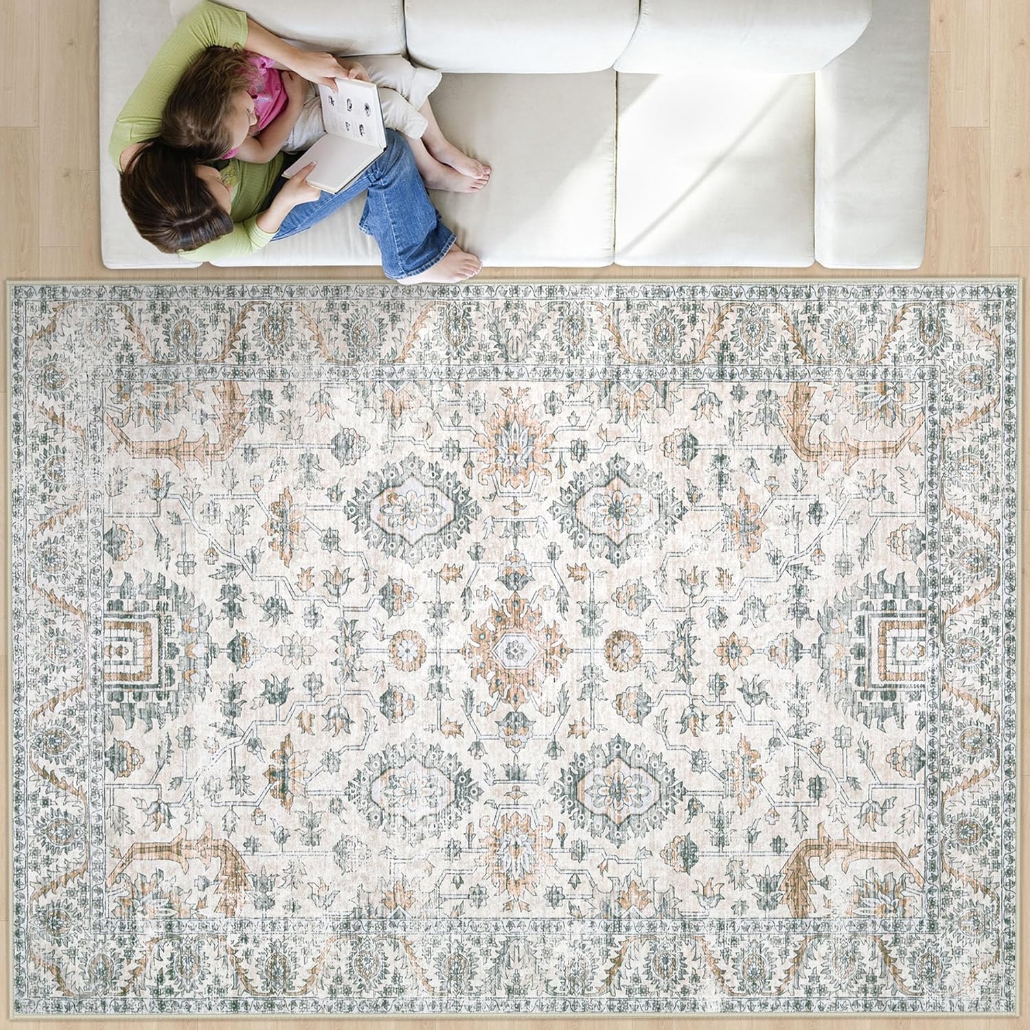 XLUEZ Area Rug 9x12 Living Room Rug, Machine Washable Vintage Distressed Medallion Rug Non-Slip Soft Low Pile Large Indoor Rugs for Bedroom Kitchen Dining Room Office(Beige,9'x12')