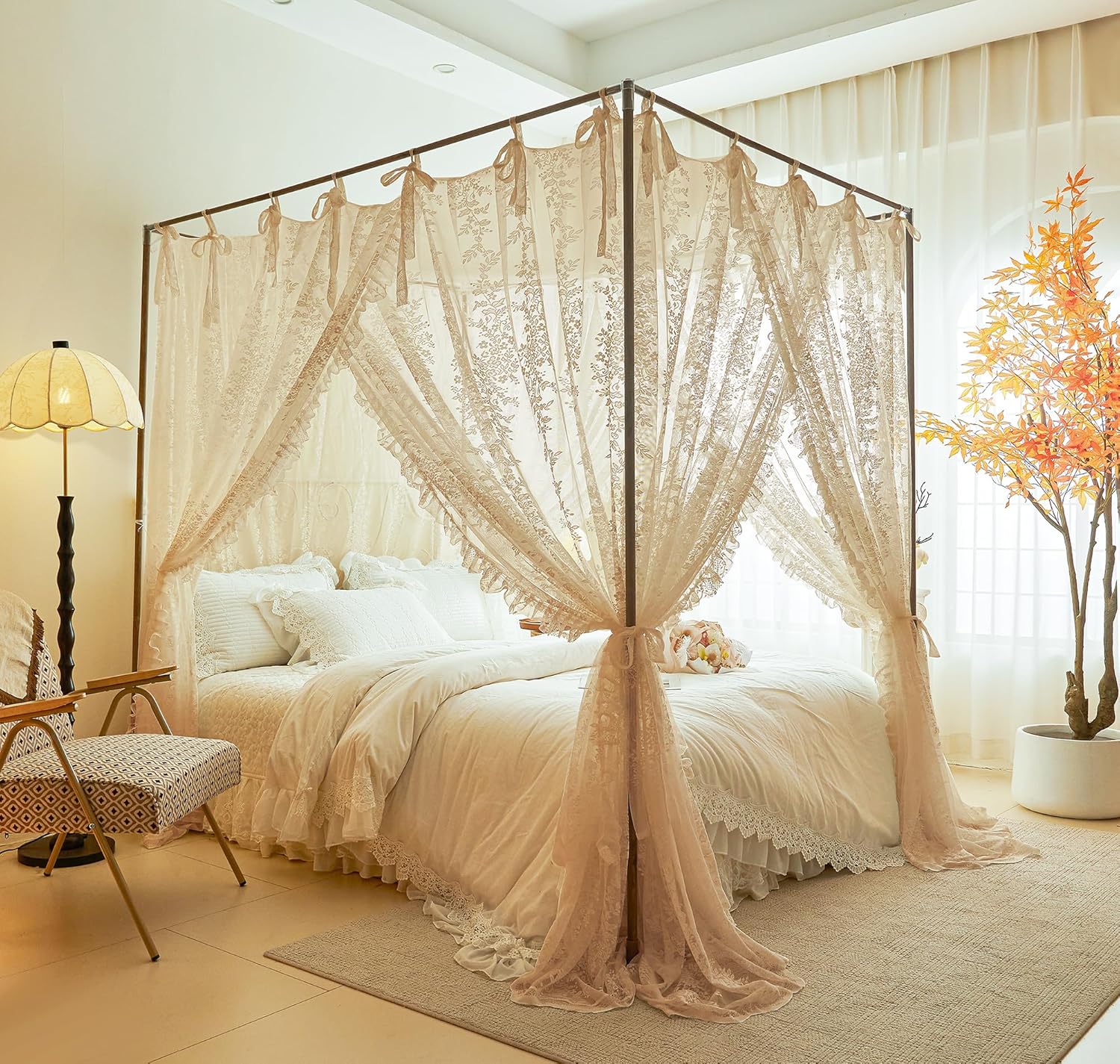 Mengersi Canopy Bed Curtains,Linen Bed Canopy Curtains 4 Corner Bed Drapes Canopy Curtains for Bedroom Decor (Ivory,Full)