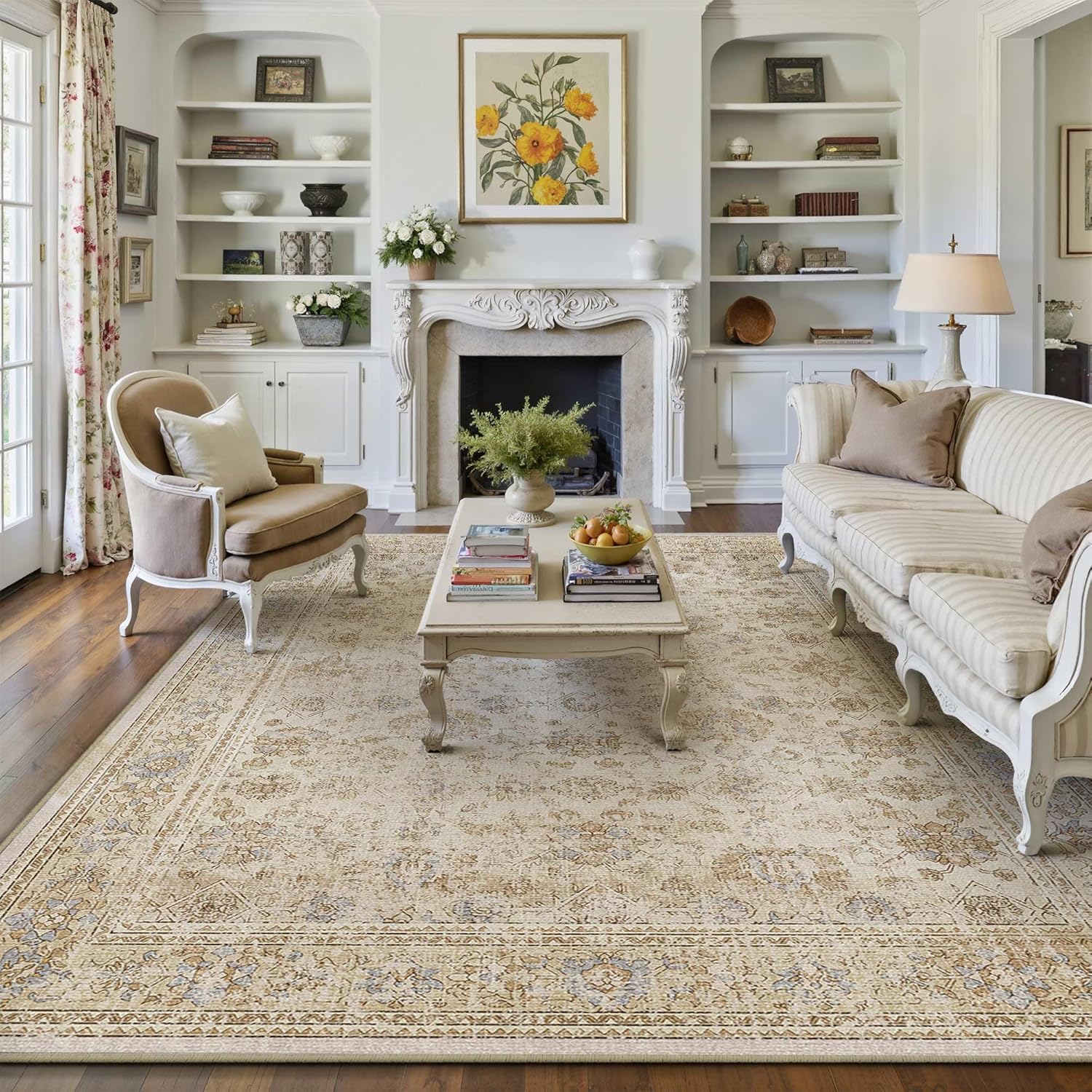 HUGEAR 8x10 Machine Washable Rugs Brown Hallway Large Area Rug Indoor Accent Rug Floral Low Pile Carpet Soft Throw Aesthetic Rug Bedroom Living Room Office Dining Room Kitchen Laundry Room