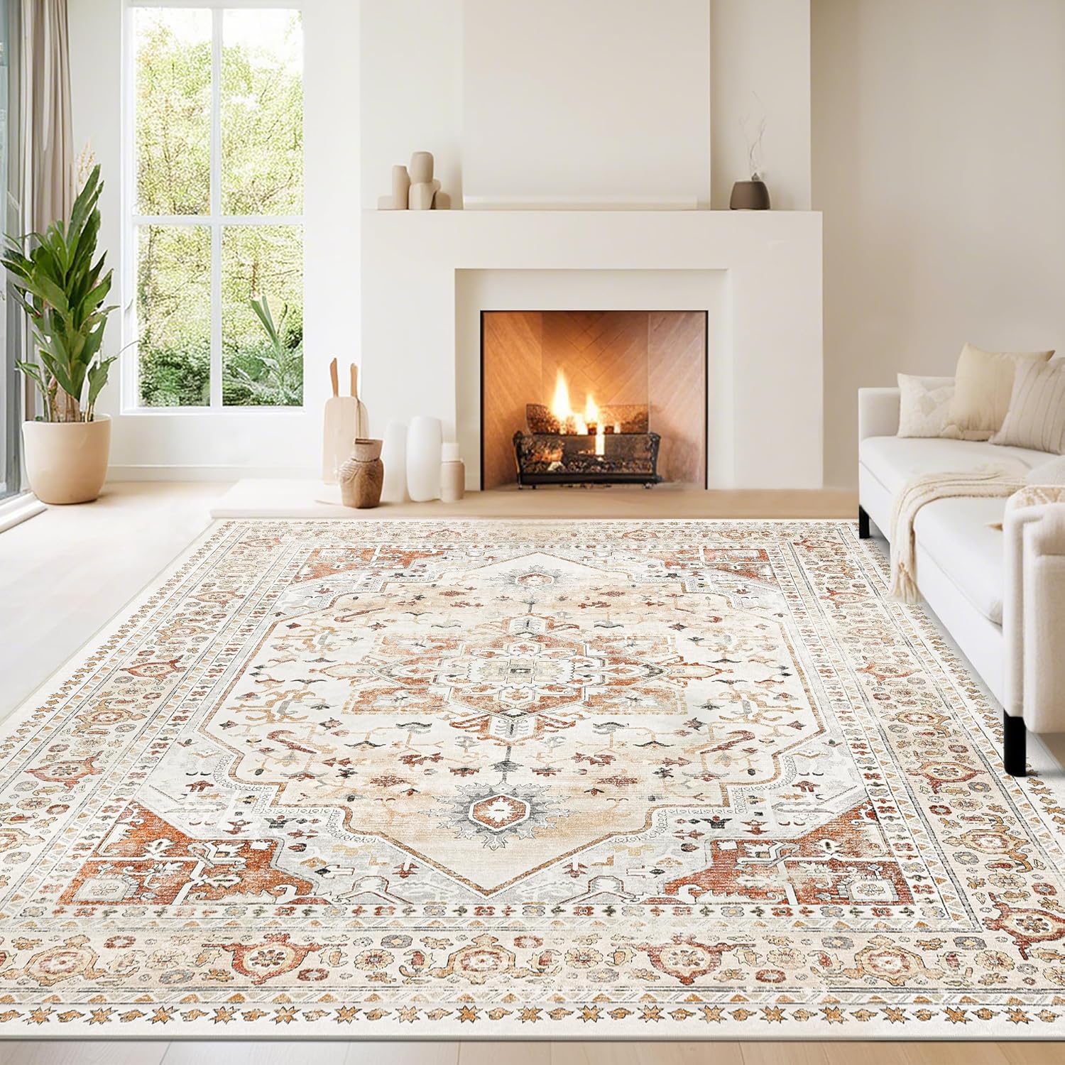 Srugn Washable Rugs 8x10 Area Rugs for Living Room,Ultra Soft Faux Wool Retro Rugs for Bedroom,Dining Room,Non Slip&Non-Shedding Low Pile Vintage Print Rug Indoor Large Carpets for Home Office Decor