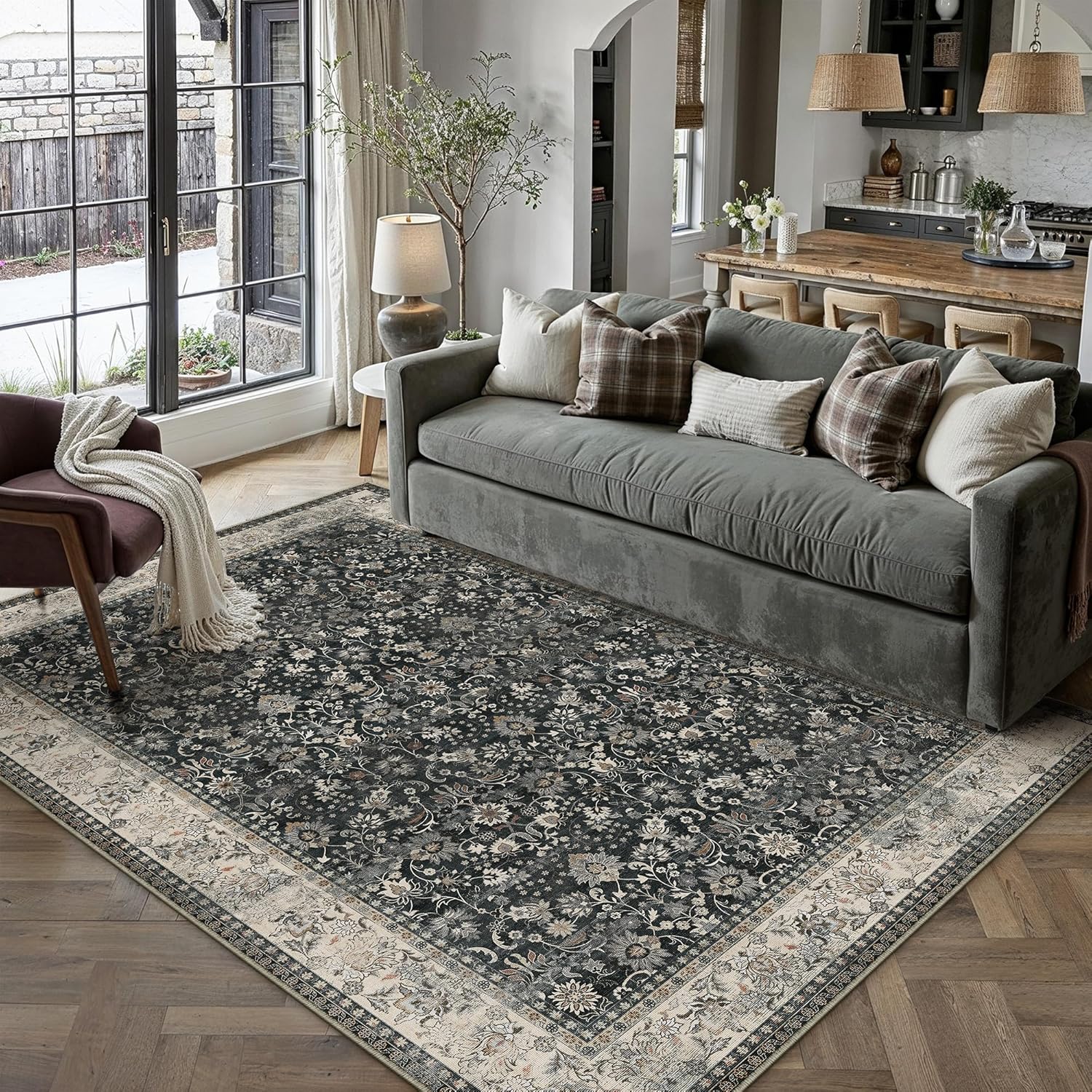 HUGEAR 8x10 Machine Washable Rugs Brown Hallway Large Area Rug Indoor Accent Rug Floral Low Pile Carpet Soft Throw Aesthetic Rug Bedroom Living Room Office Dining Room Kitchen Laundry Room