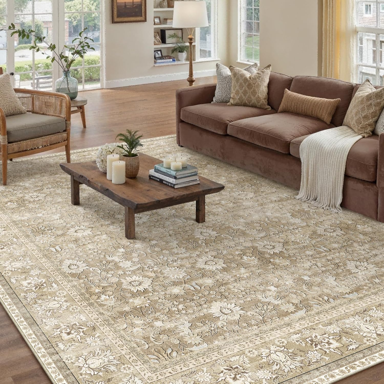 HUGEAR 8x10 Machine Washable Rugs Brown Hallway Large Area Rug Indoor Accent Rug Floral Low Pile Carpet Soft Throw Aesthetic Rug Bedroom Living Room Office Dining Room Kitchen Laundry Room