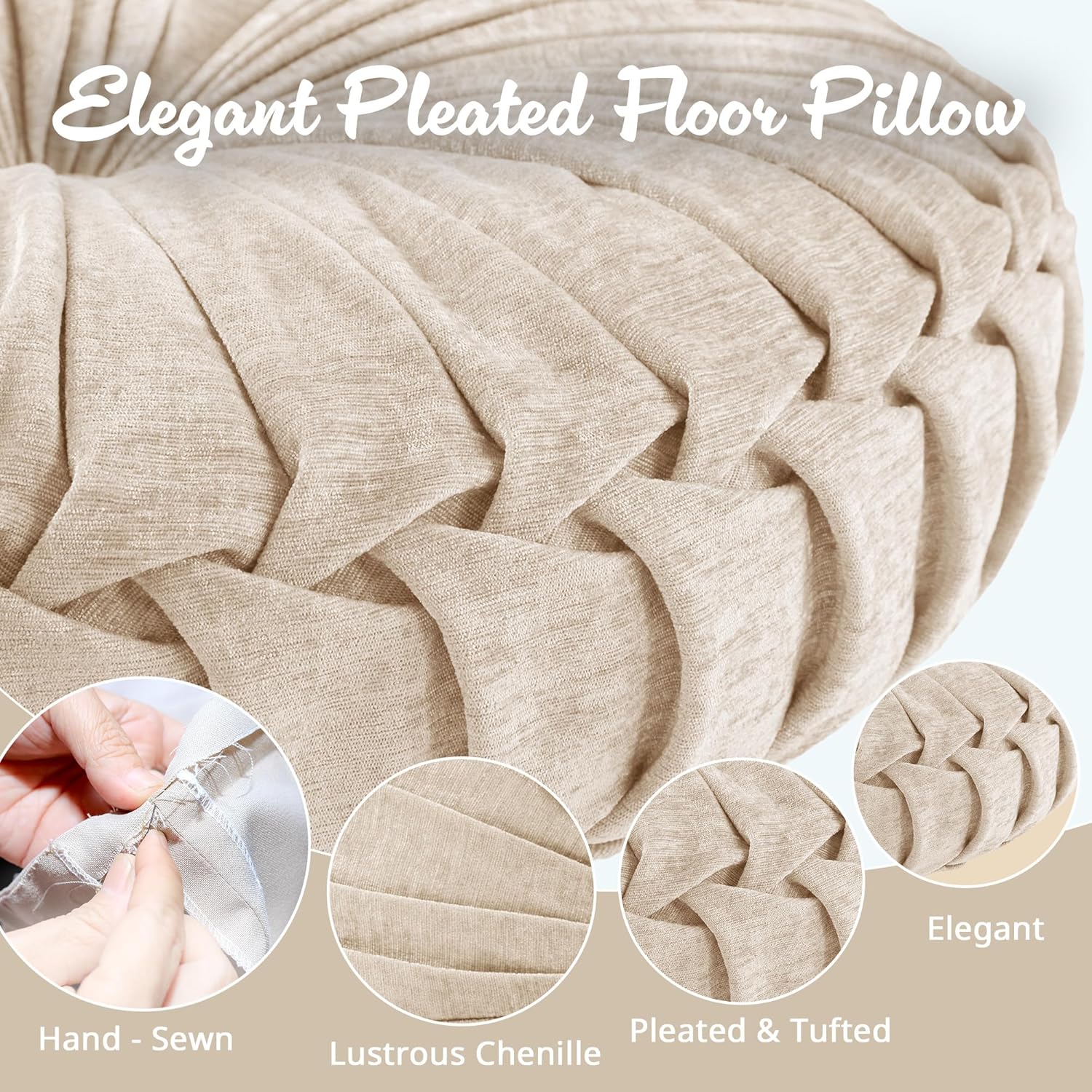 Intelligent Design Loretta Round Chenille Tufted Floor Pillow with Elegant Pleated Design, Large Boho & Vintage Decorative Throw Pillow for Sofa, Bed, or Chair, 22" x 6", Iovry