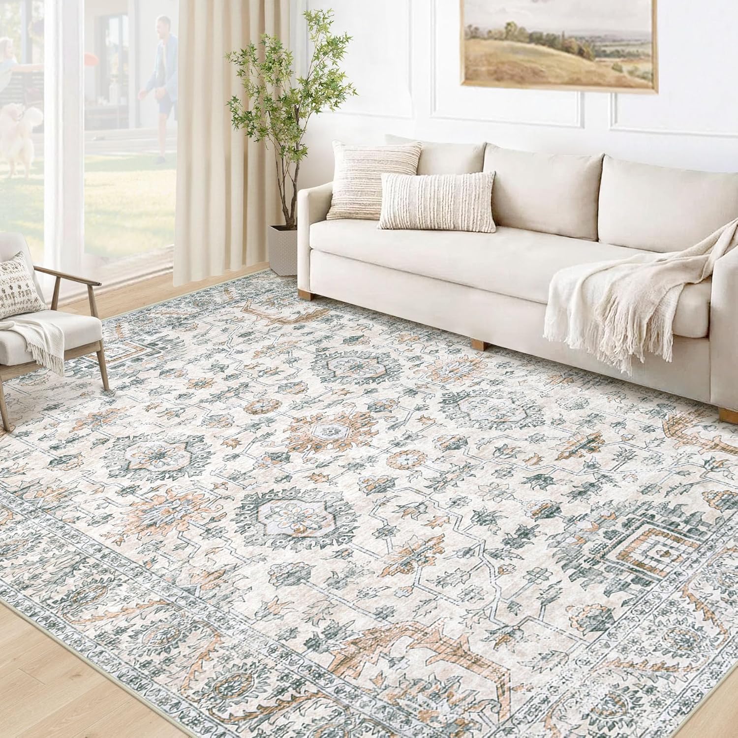 XLUEZ Area Rug 9x12 Living Room Rug, Machine Washable Vintage Distressed Medallion Rug Non-Slip Soft Low Pile Large Indoor Rugs for Bedroom Kitchen Dining Room Office(Beige,9'x12')