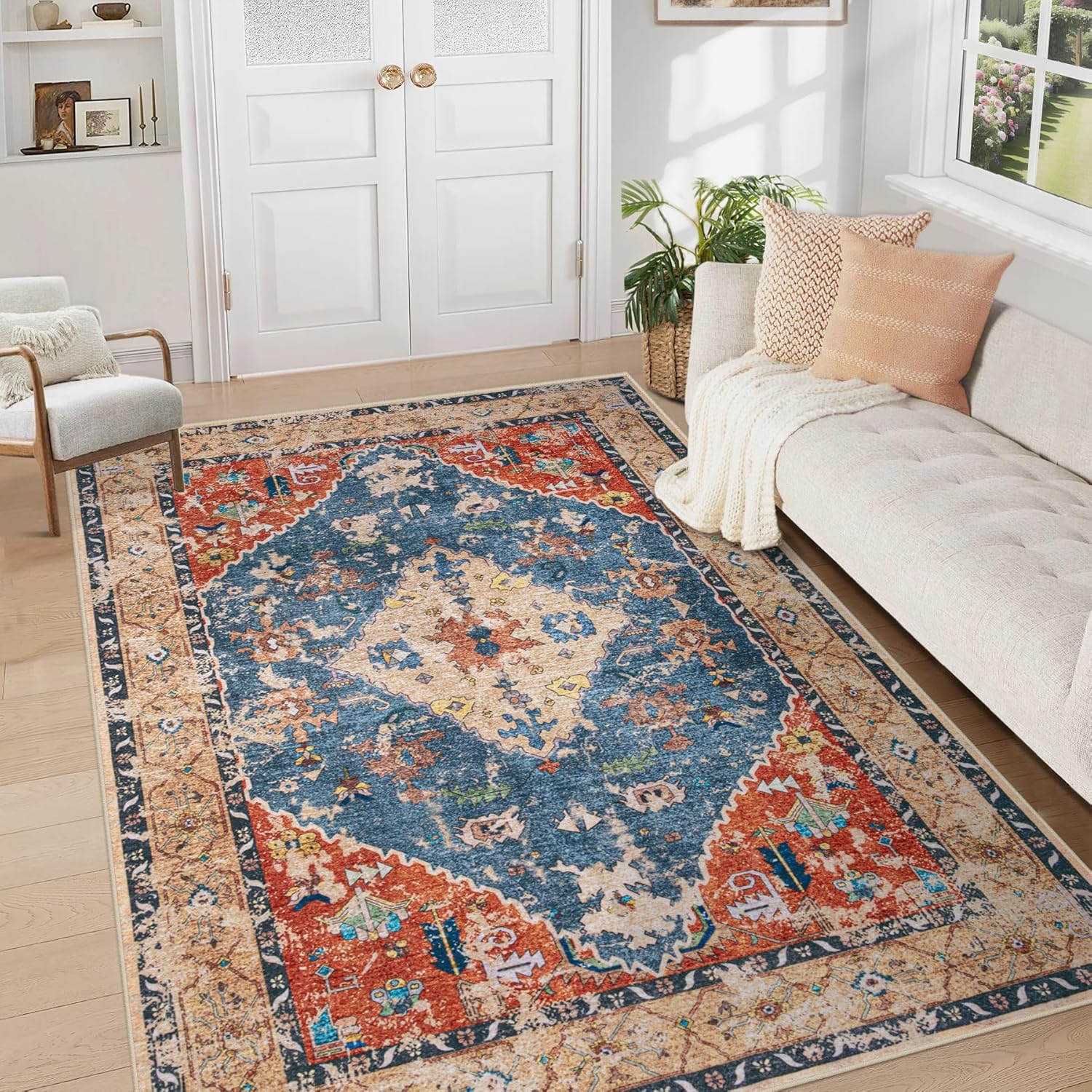 Area Rug 8x10 Washable Rug, Vintage Boho Medallion Rugs Non-Slip Soft Low Pile Large Distressed Rug Indoor Retro Carpet for Living Room Bedroom Dining Room Home Office (Beige, 8'x10')