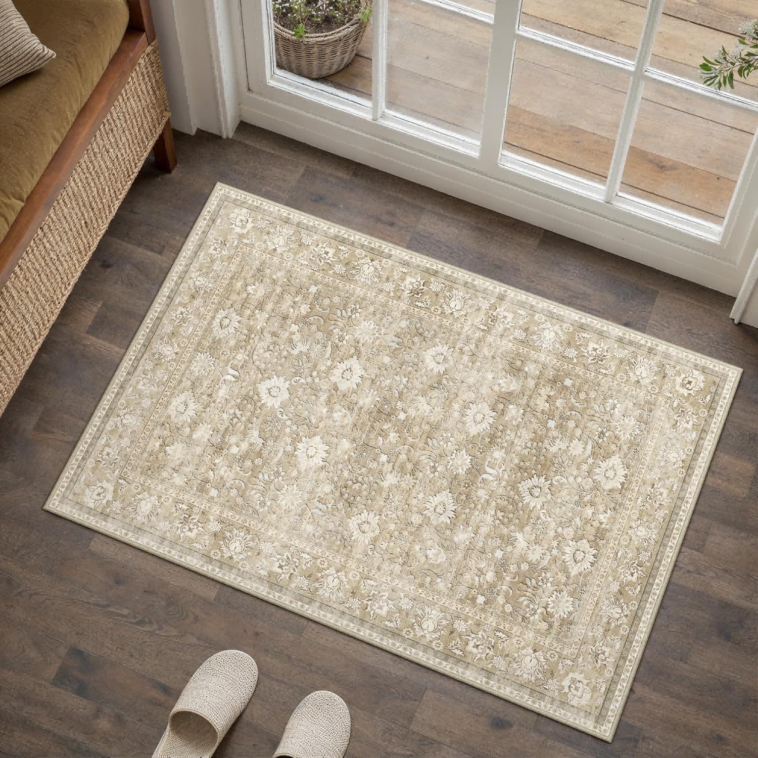 HUGEAR 8x10 Machine Washable Rugs Brown Hallway Large Area Rug Indoor Accent Rug Floral Low Pile Carpet Soft Throw Aesthetic Rug Bedroom Living Room Office Dining Room Kitchen Laundry Room