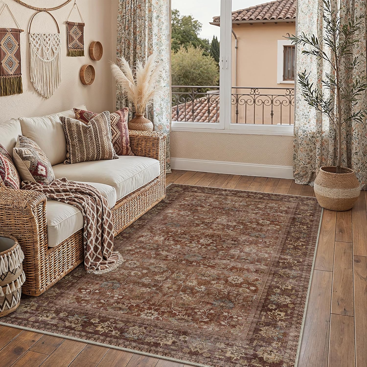 HUGEAR 8x10 Machine Washable Rugs Brown Hallway Large Area Rug Indoor Accent Rug Floral Low Pile Carpet Soft Throw Aesthetic Rug Bedroom Living Room Office Dining Room Kitchen Laundry Room