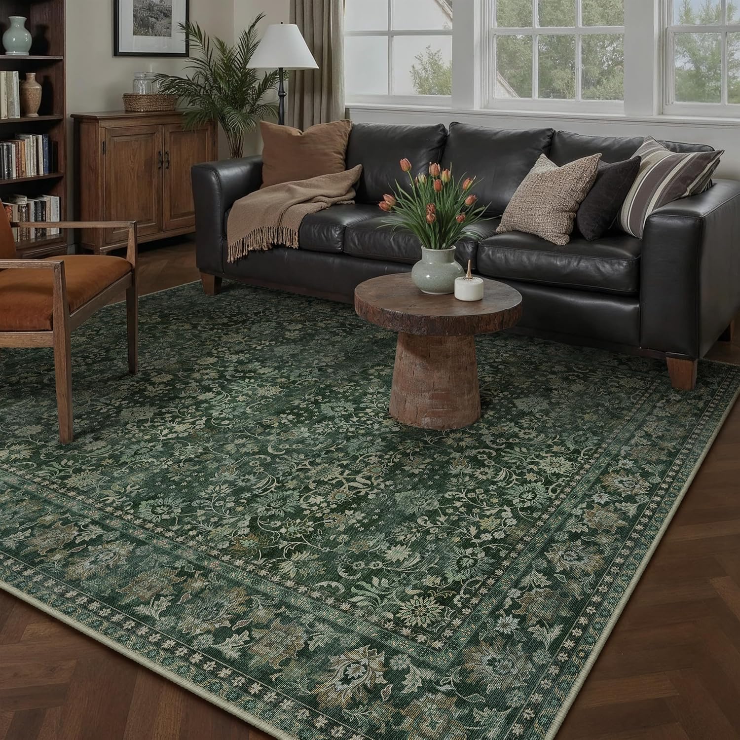 HUGEAR 8x10 Machine Washable Rugs Brown Hallway Large Area Rug Indoor Accent Rug Floral Low Pile Carpet Soft Throw Aesthetic Rug Bedroom Living Room Office Dining Room Kitchen Laundry Room