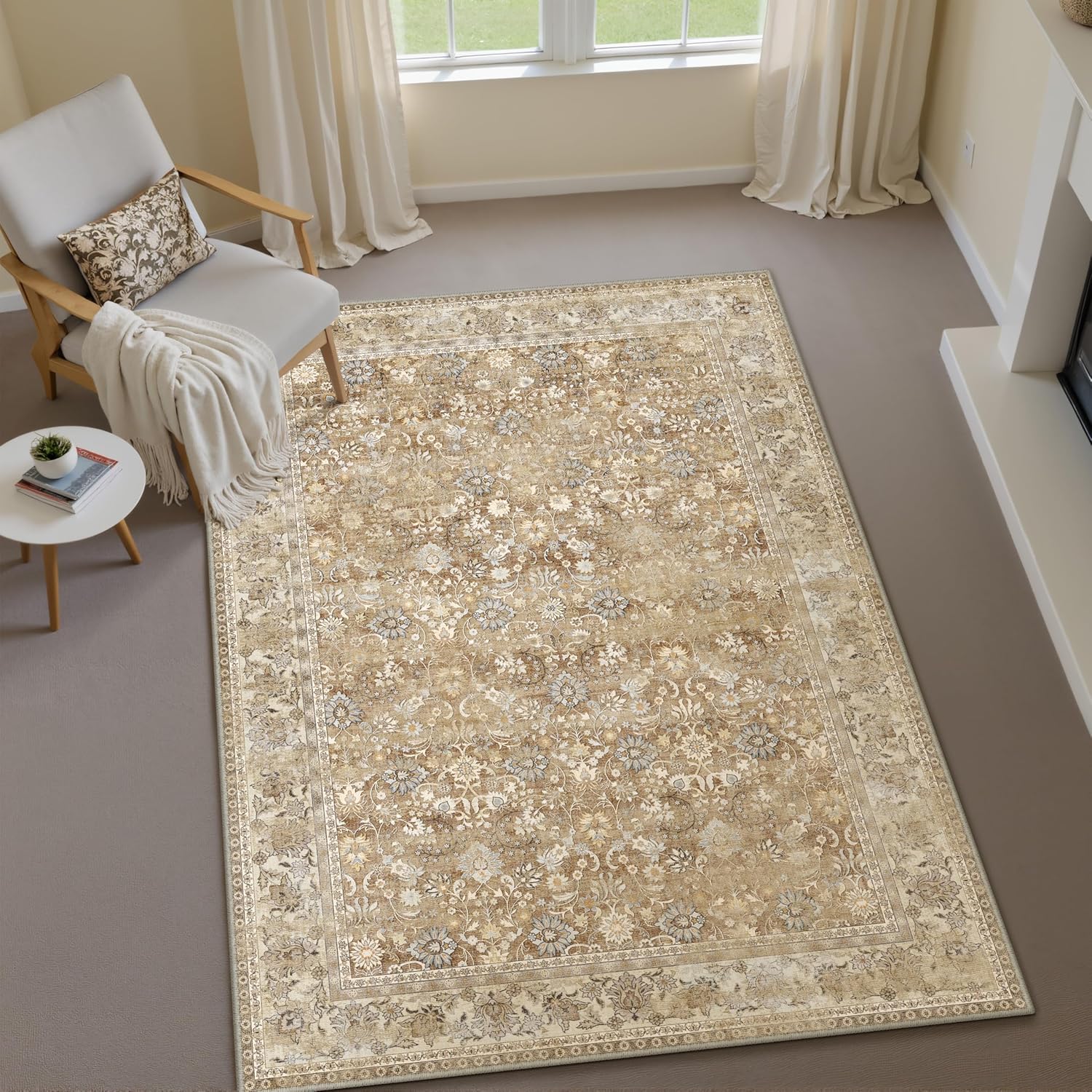 HUGEAR 8x10 Machine Washable Rugs Brown Hallway Large Area Rug Indoor Accent Rug Floral Low Pile Carpet Soft Throw Aesthetic Rug Bedroom Living Room Office Dining Room Kitchen Laundry Room