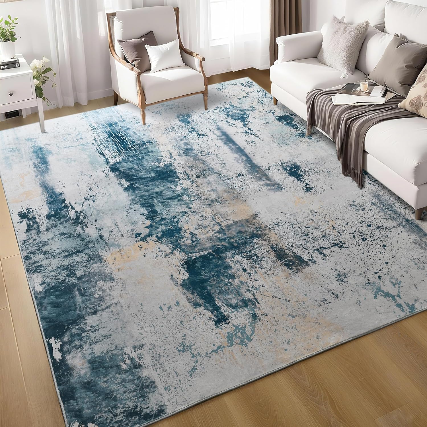 Living Room Rug 8x10 Gray Area Rugs Machine Washable Abstract Boho Large Rug Non-Slip Non-Shedding Faux Wool Indoor Vintage Carpet for Bedroom, Classroom, Dining Room, Kids Playroom