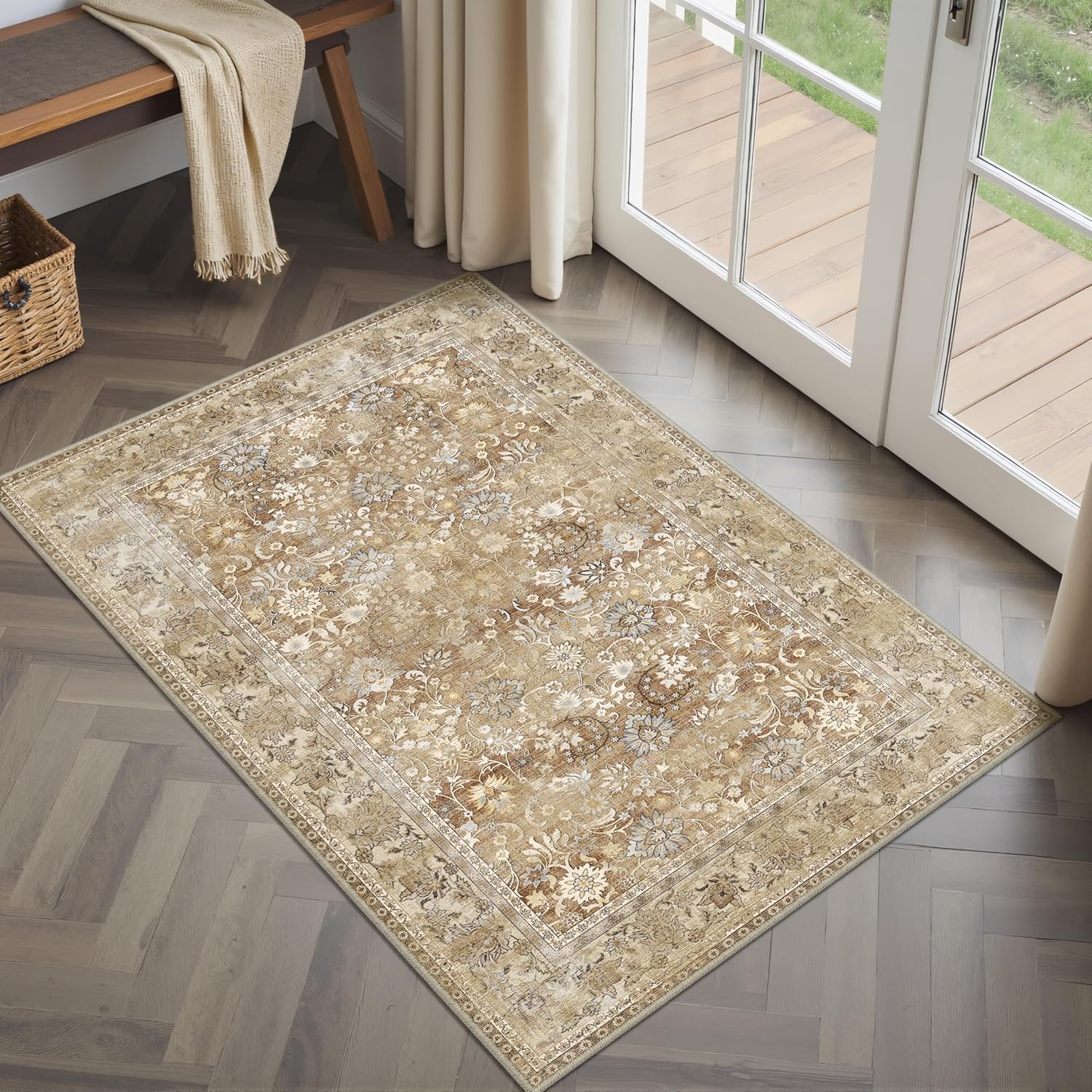 HUGEAR 8x10 Machine Washable Rugs Brown Hallway Large Area Rug Indoor Accent Rug Floral Low Pile Carpet Soft Throw Aesthetic Rug Bedroom Living Room Office Dining Room Kitchen Laundry Room