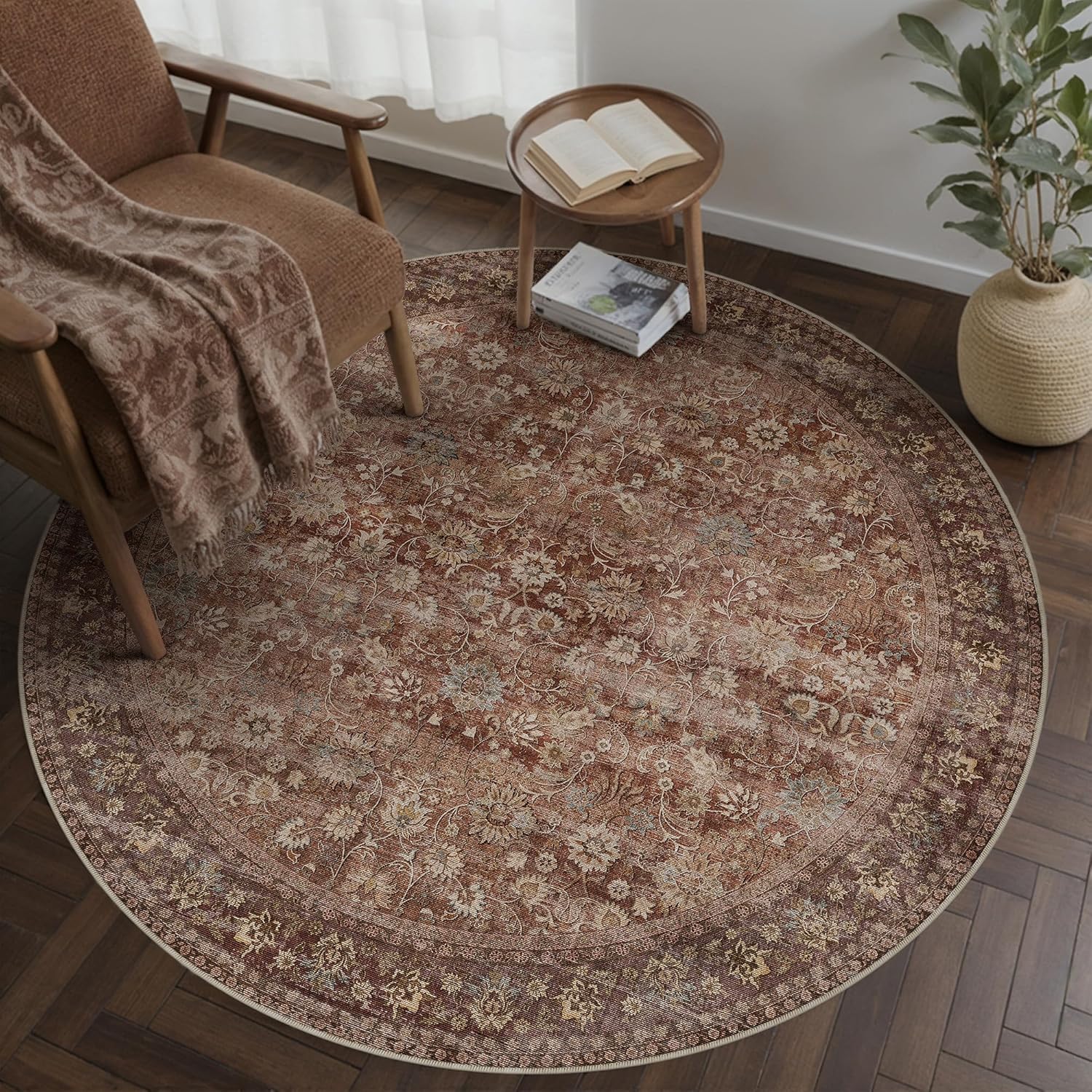 HUGEAR 8x10 Machine Washable Rugs Brown Hallway Large Area Rug Indoor Accent Rug Floral Low Pile Carpet Soft Throw Aesthetic Rug Bedroom Living Room Office Dining Room Kitchen Laundry Room