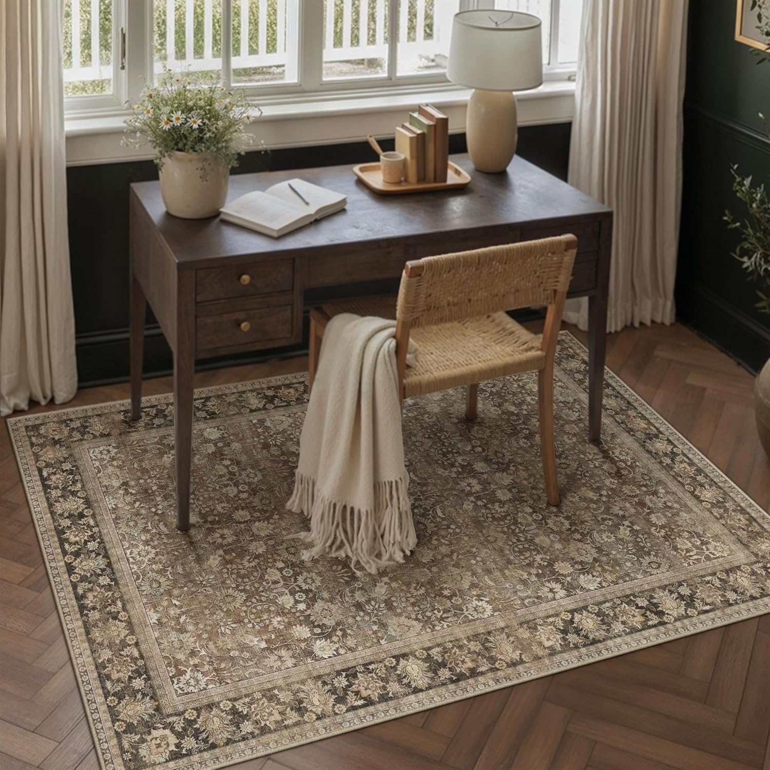 HUGEAR 8x10 Machine Washable Rugs Brown Hallway Large Area Rug Indoor Accent Rug Floral Low Pile Carpet Soft Throw Aesthetic Rug Bedroom Living Room Office Dining Room Kitchen Laundry Room