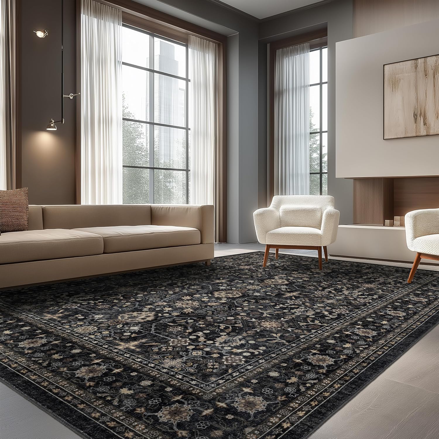 Ruaruarug Area Rug Non Slip Machine Washable Ultra Soft Living Room/Bedroom/Kitchen/Outdoor/Classroom Black Grey, 8'×10'