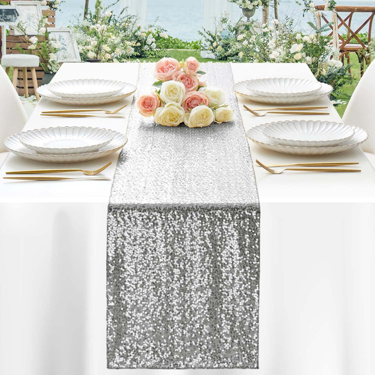 Aormenzy 12 Pack Silver Sequin Table Runner 12" x 72", Glitter Sparkle Sequin Runners for Birthday Party Wedding Banquet & Baby Shower, Party Table Decorations Supplies