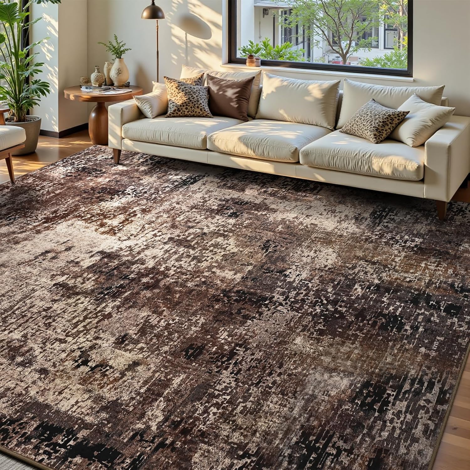 Living Room Rug 8x10 Gray Area Rugs Machine Washable Abstract Boho Large Rug Non-Slip Non-Shedding Faux Wool Indoor Vintage Carpet for Bedroom, Classroom, Dining Room, Kids Playroom