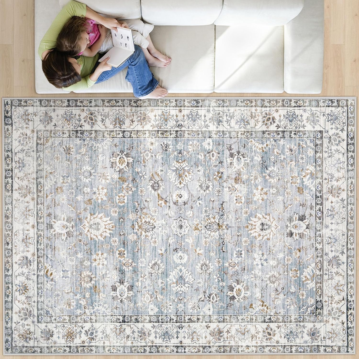 XLUEZ Area Rug 9x12 Living Room Rug, Machine Washable Vintage Distressed Medallion Rug Non-Slip Soft Low Pile Large Indoor Rugs for Bedroom Kitchen Dining Room Office(Beige,9'x12')